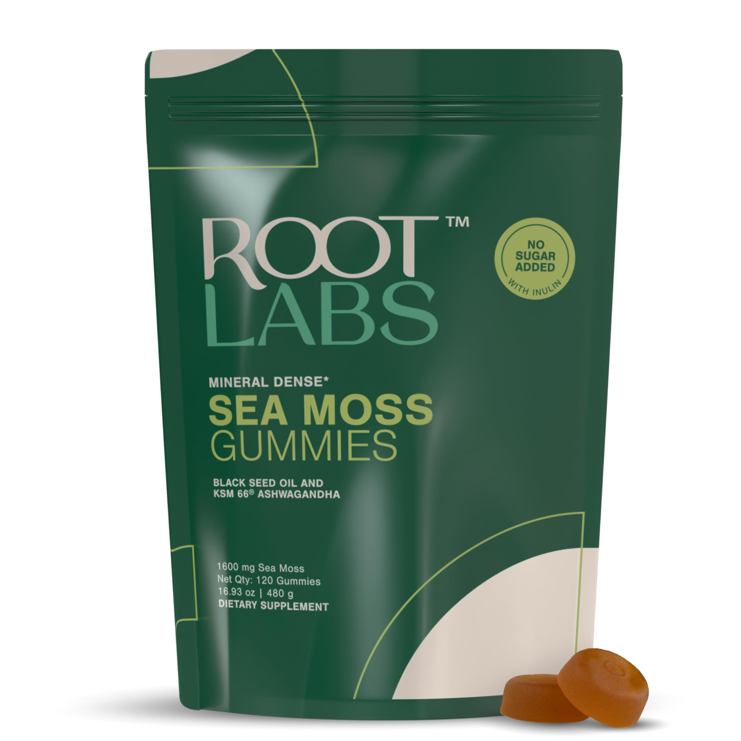 ROOT LABS frasco frontal de Sea Moss Gummies, presentación clara y beneficios prácticos