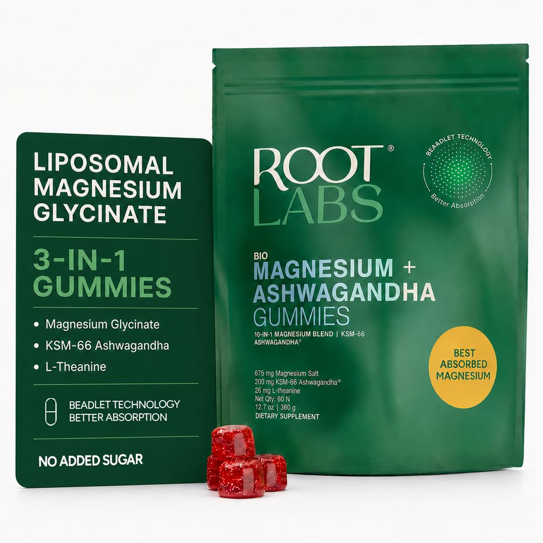 Root Labs empaque frontal mostrando 60 gomitas y beneficios claros
