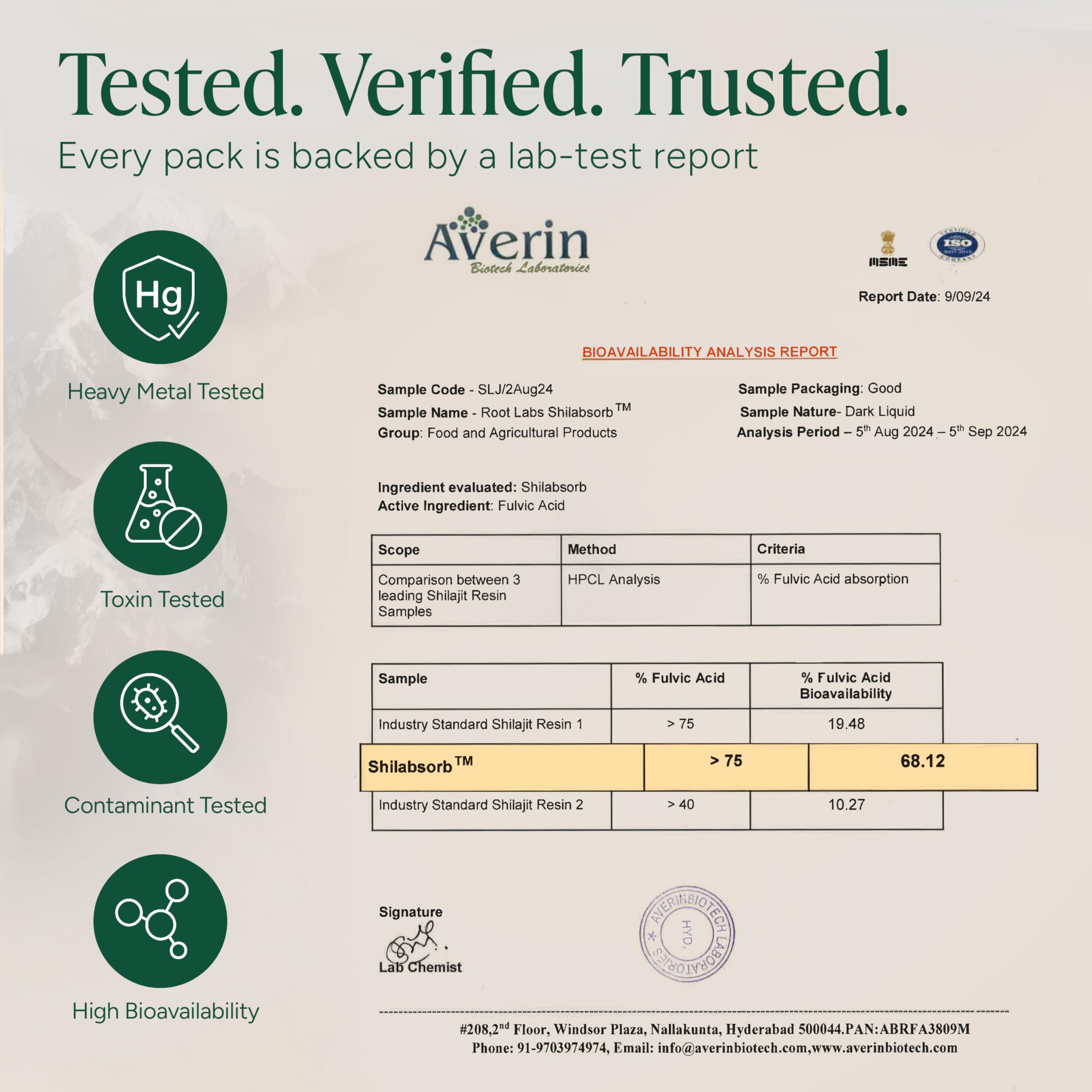 ROOT LABS etiqueta y COA visible reforzando transparencia de pruebas