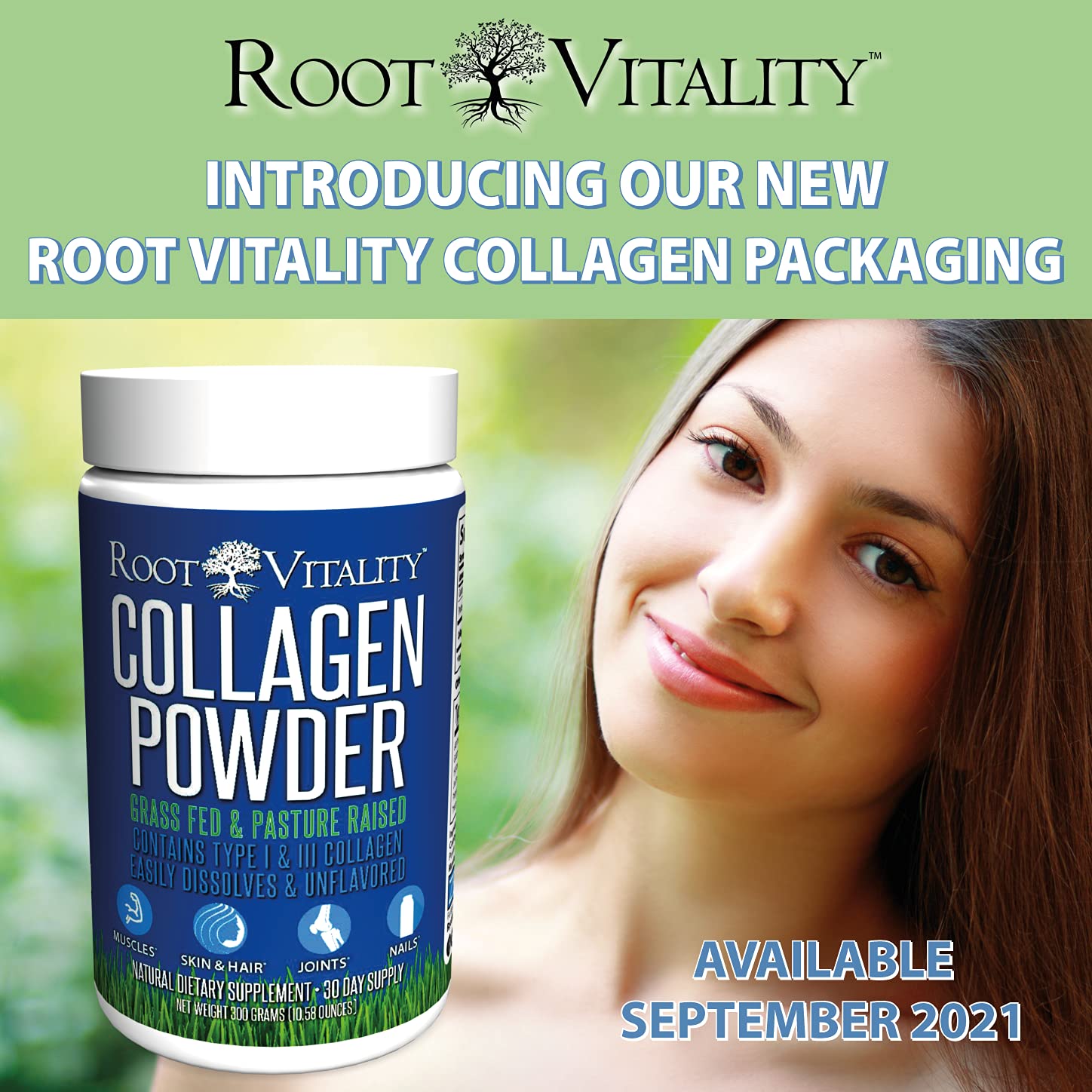 Root Vitality polvo en primer plano con textura fina y mezcla rápida
