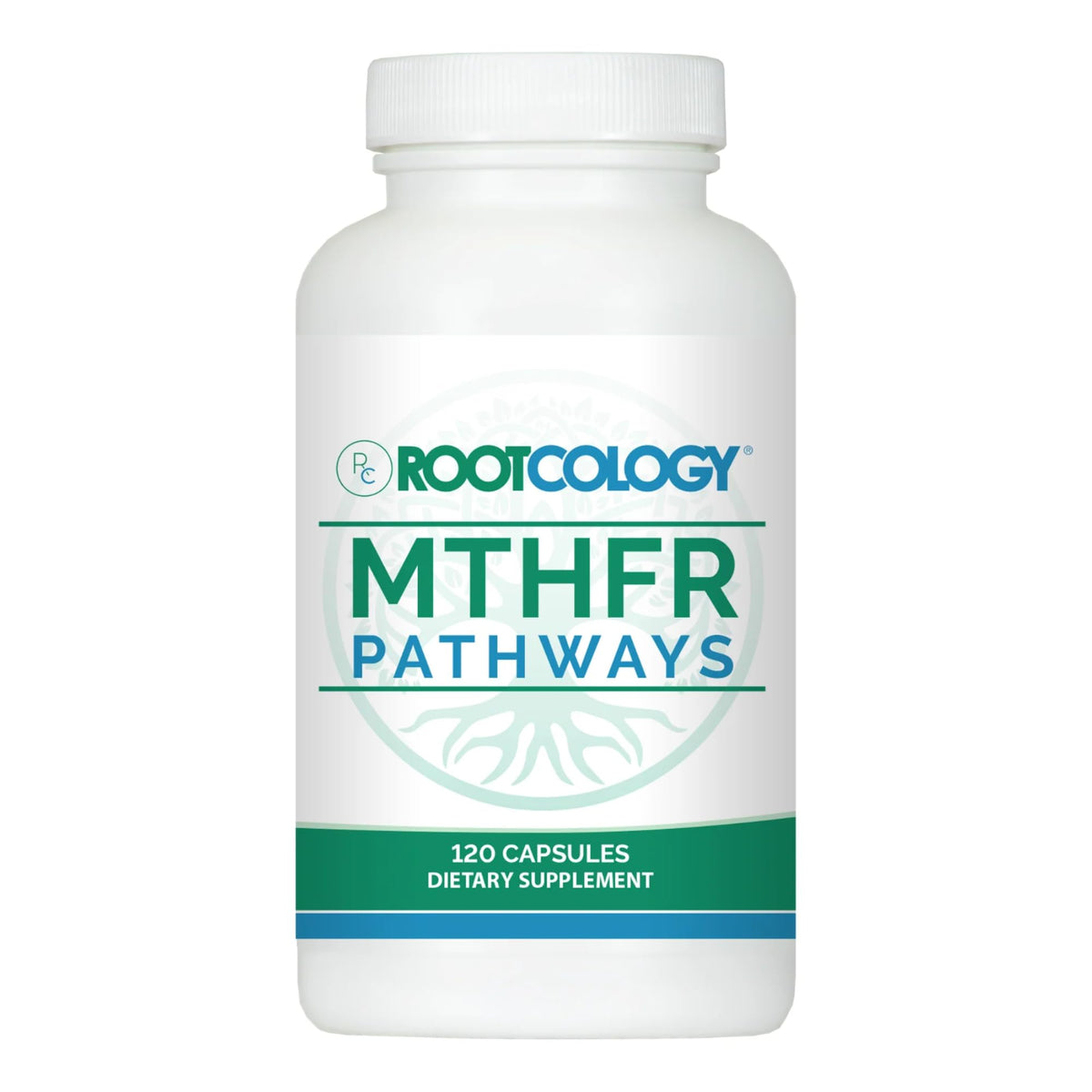 Rootcology MTHFR Pathways frontal del envase mostrando diseño y cantidad 120 cápsulas