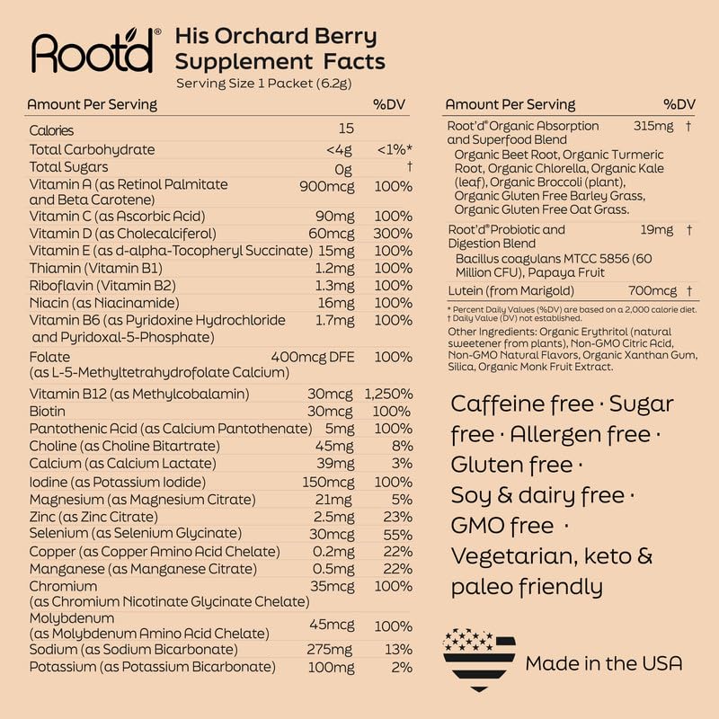 Root'd etiqueta nutricional legible mostrando vitaminas y pruebas de laboratorio