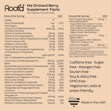 Root'd etiqueta nutricional legible mostrando vitaminas y pruebas de laboratorio