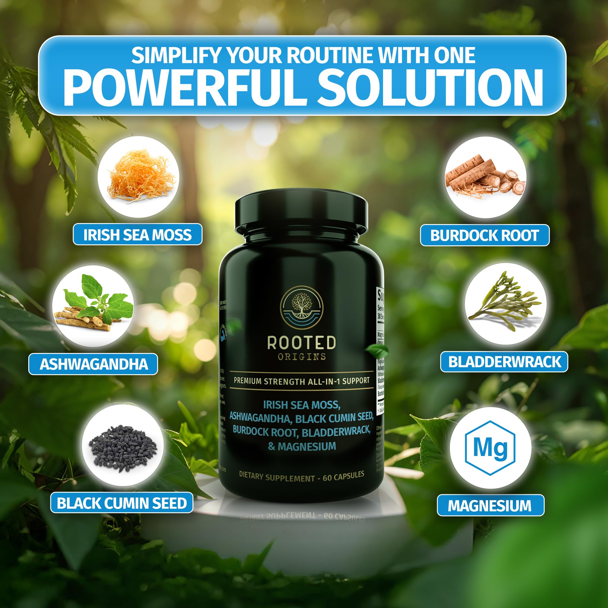 Rooted Origins etiqueta con lista de ingredientes y sellos de calidad