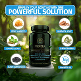 Rooted Origins etiqueta con lista de ingredientes y sellos de calidad