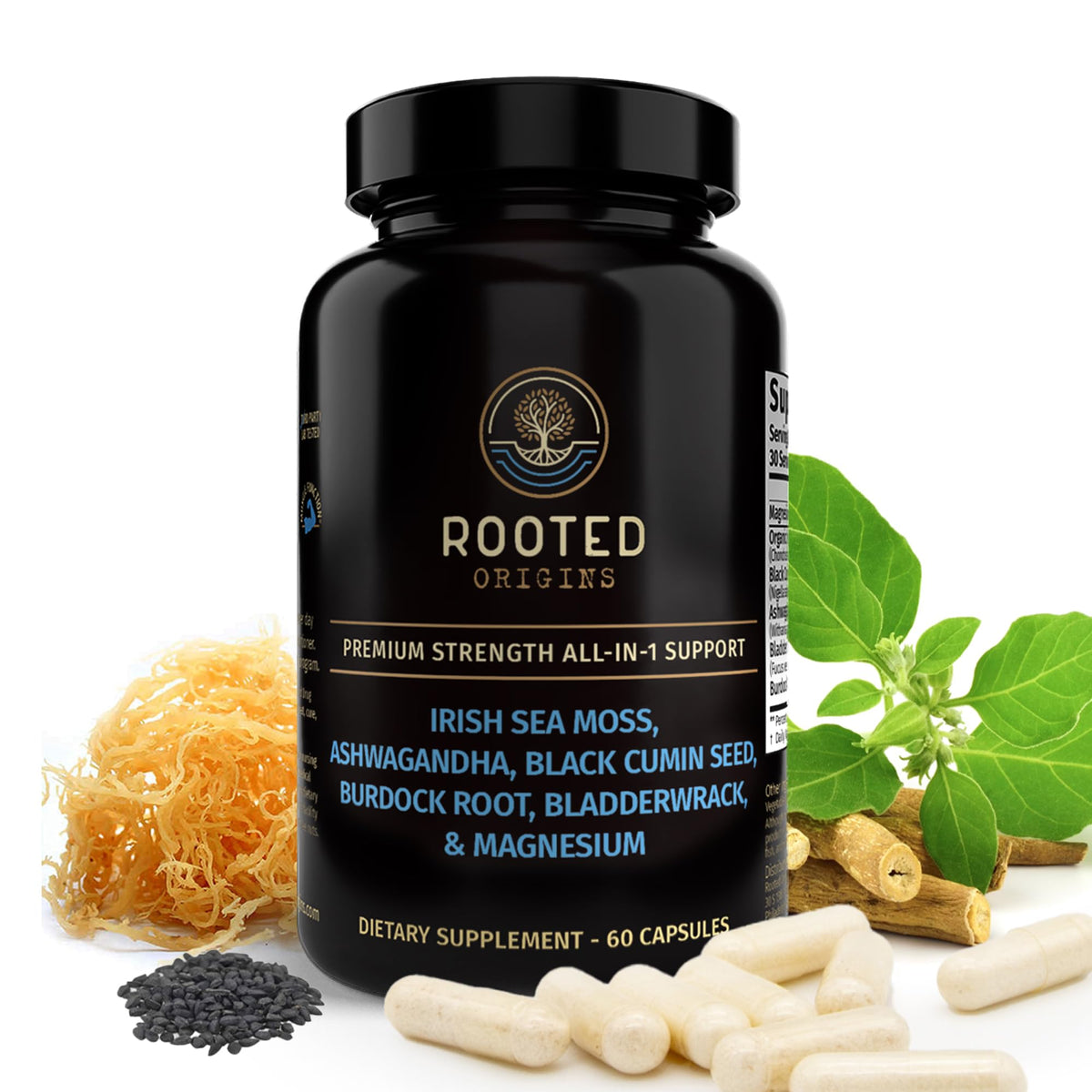 Rooted Origins botella frontal mostrando 60 cápsulas y beneficios visibles