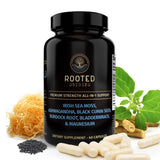 Rooted Origins botella frontal mostrando 60 cápsulas y beneficios visibles