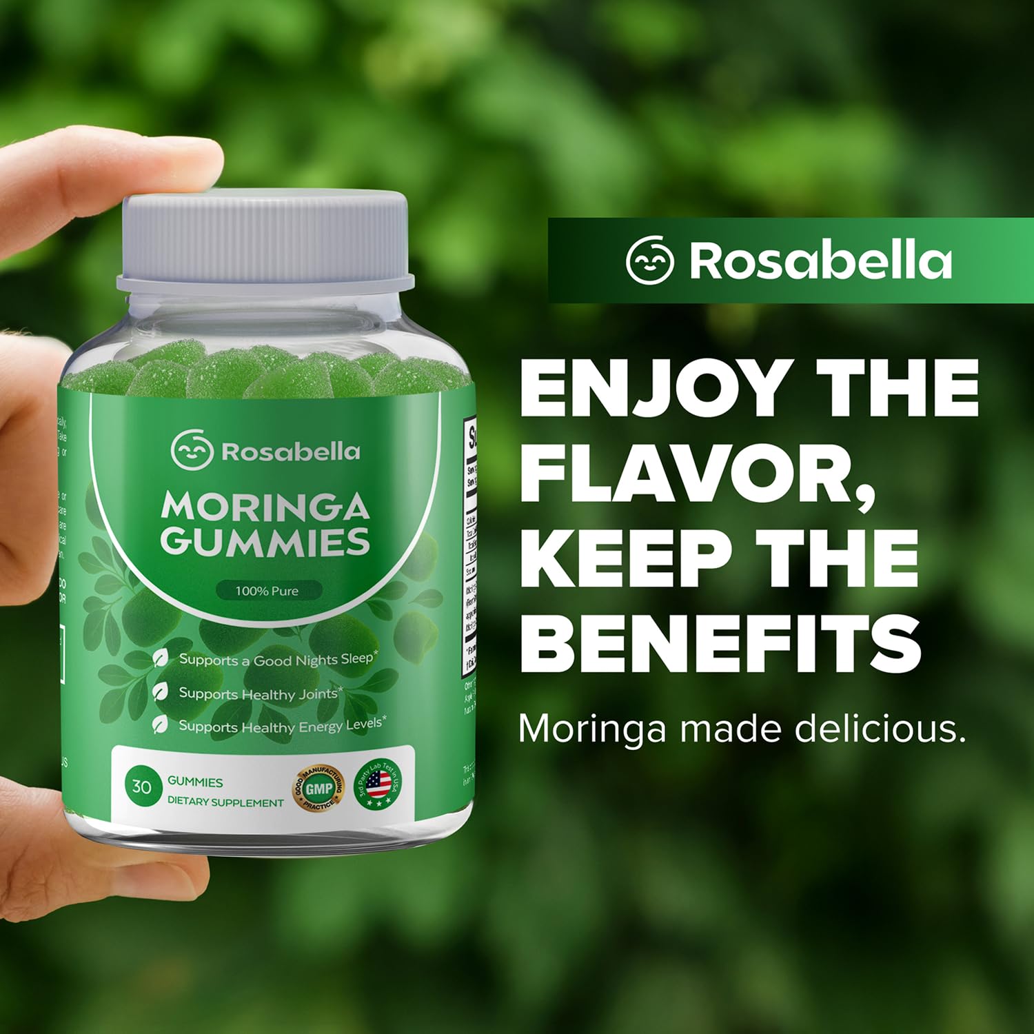 Rosabella hoja de moringa y polvo destacando origen orgánico del extracto