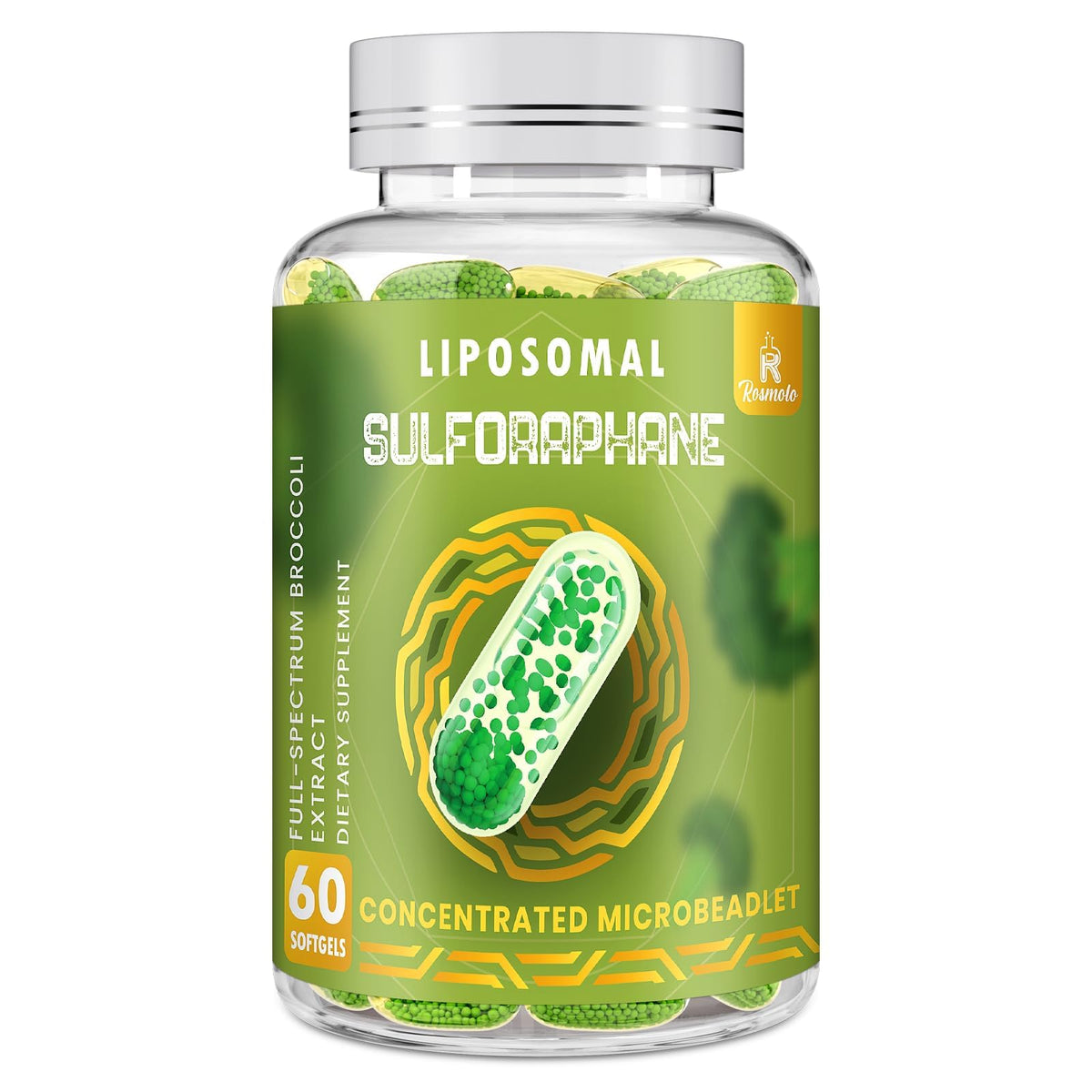 Rosmolo frasco delante mostrando diseño de etiqueta y cantidad de softgels como referencia