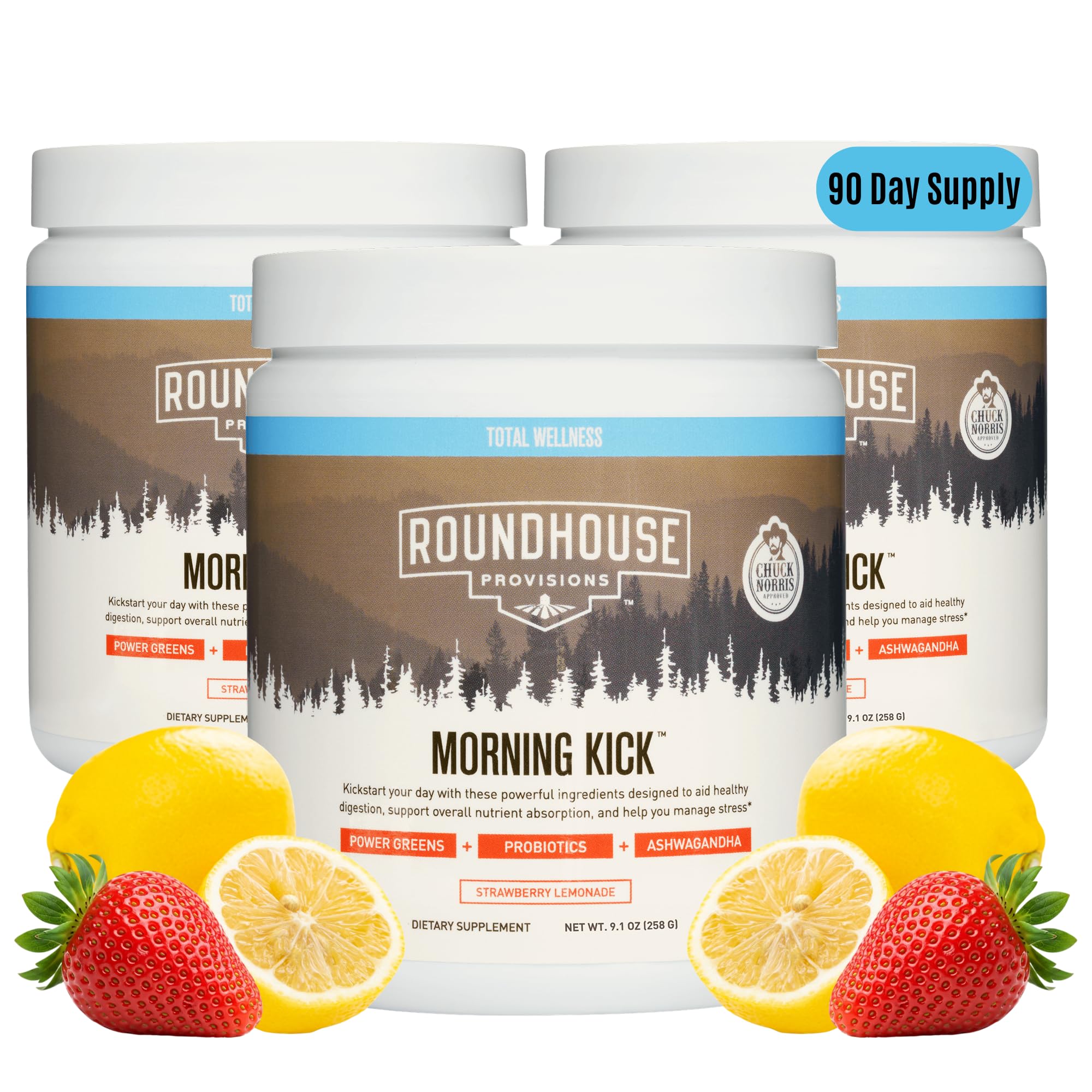 ROUNDHOUSE PROVISION envase frontal del Morning Kick Greens mostrando presentación 3 pack y beneficio conveniencia