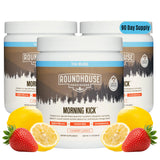 ROUNDHOUSE PROVISION envase frontal del Morning Kick Greens mostrando presentación 3 pack y beneficio conveniencia