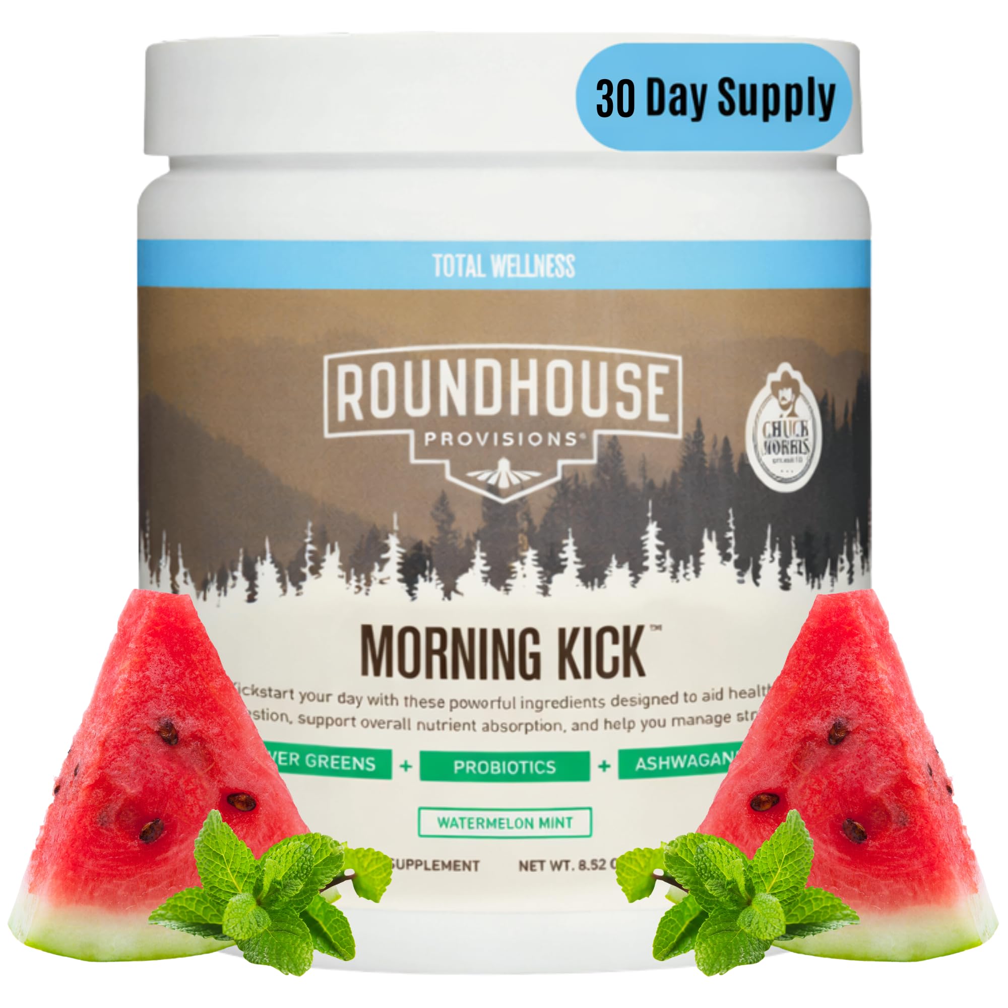 Envase frontal de ROUNDHOUSE PROVISION Morning Kick Greens mostrando diseño y sabor watermelon mint