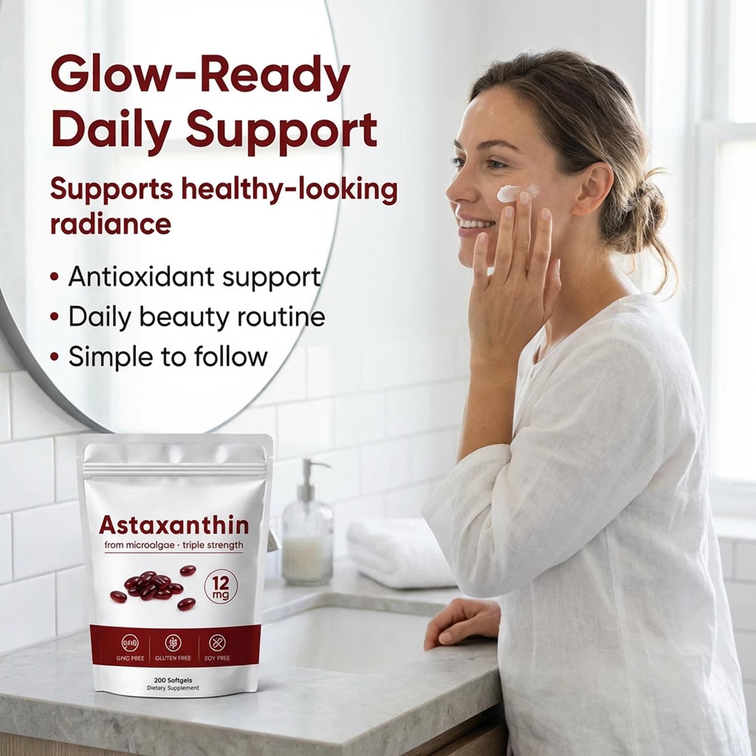 ROVINA etiqueta con lista de ingredientes destacando Astaxanthin 12 mg y sin gluten