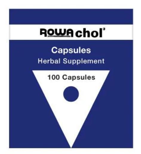Rowachol envase frontal con 100 cápsulas, presentación clara y almacenamiento práctico