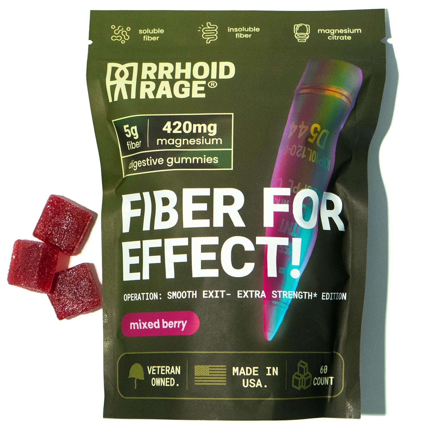 Rrhoid Rage frasco frontal mostrando etiqueta y beneficio de apoyo intestinal
