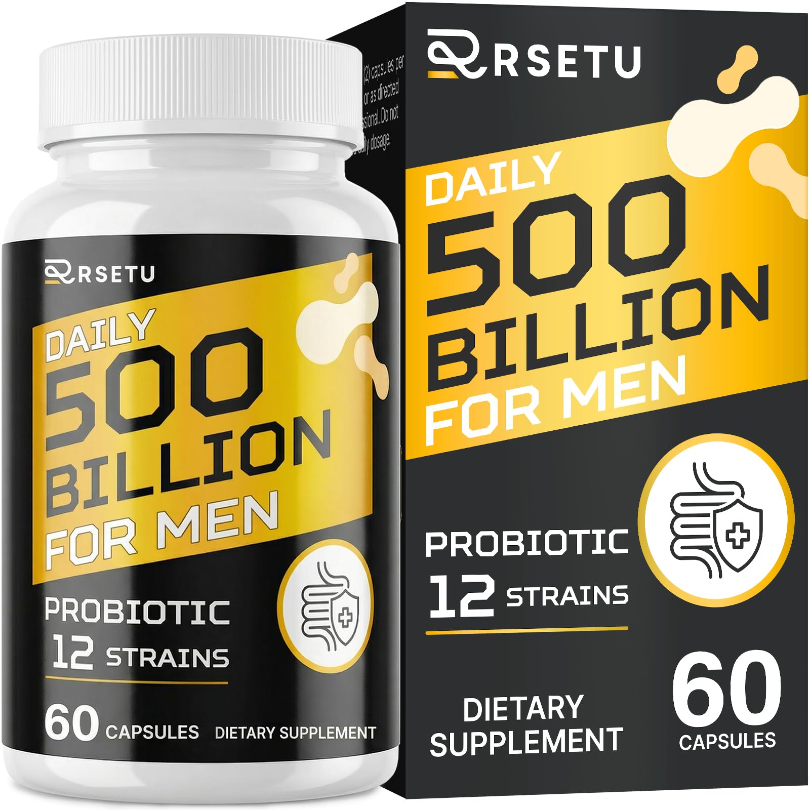 RSETU envase frontal del probiótico para hombres mostrando diseño compacto y etiqueta