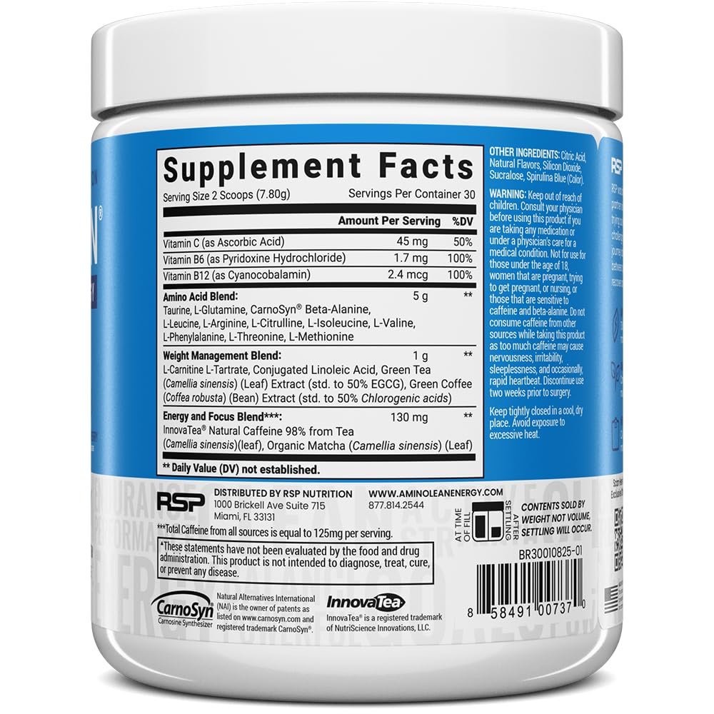RSP NUTRITION AminoLean primer plano del polvo, textura fina sin azúcares