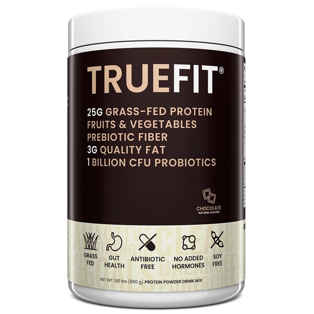 RSP TrueFit envase frontal chocolate mostrando proteína grass-fed y beneficios