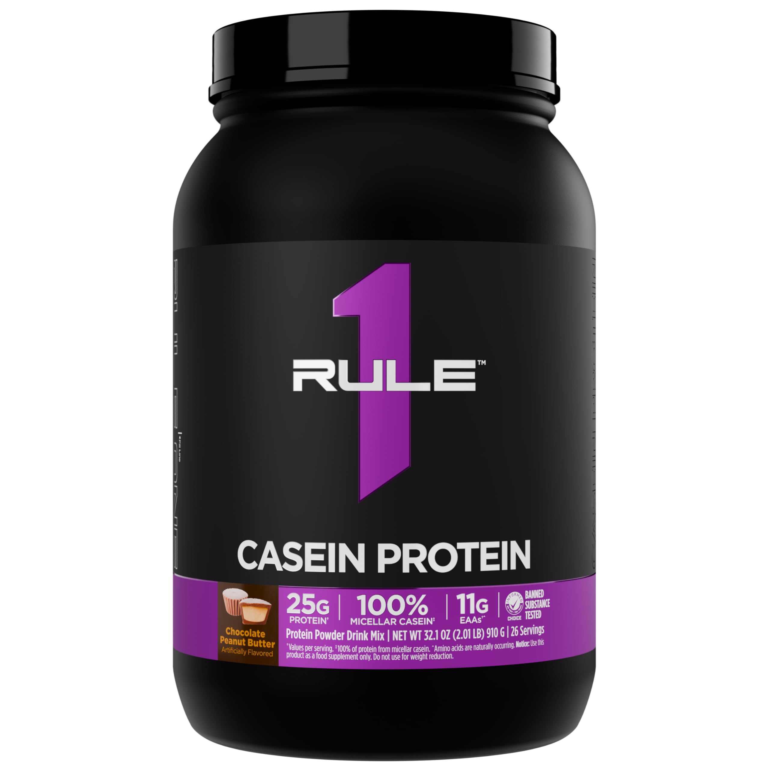 Rule 1 Proteins frasco frontal mostrando sabor Chocolate Peanut Butter y tamaño