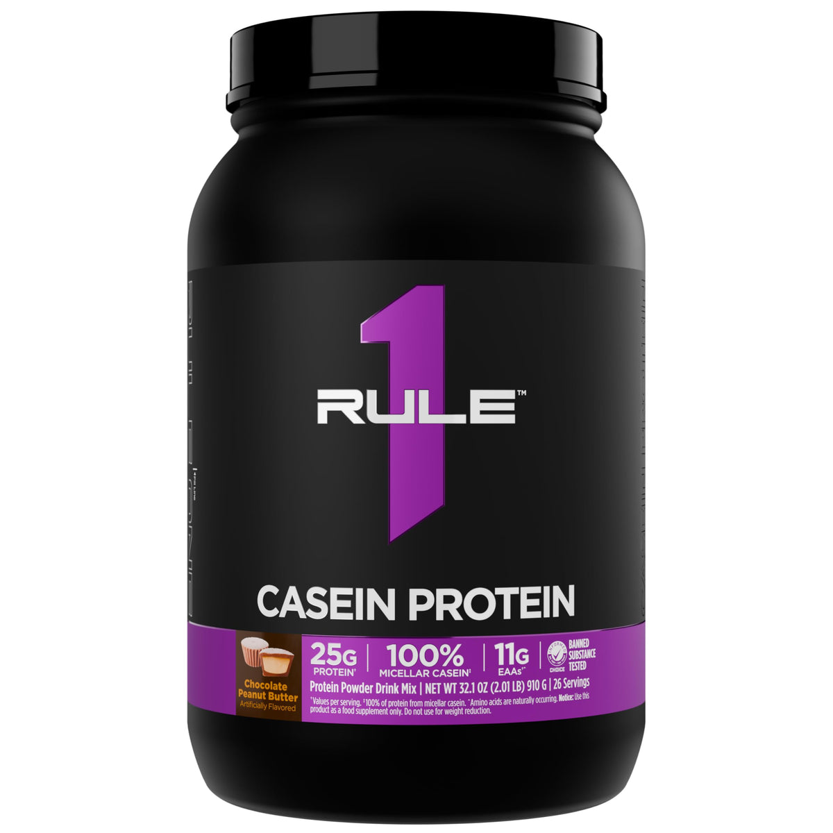 Rule 1 Proteins frasco frontal mostrando sabor Chocolate Peanut Butter y tamaño