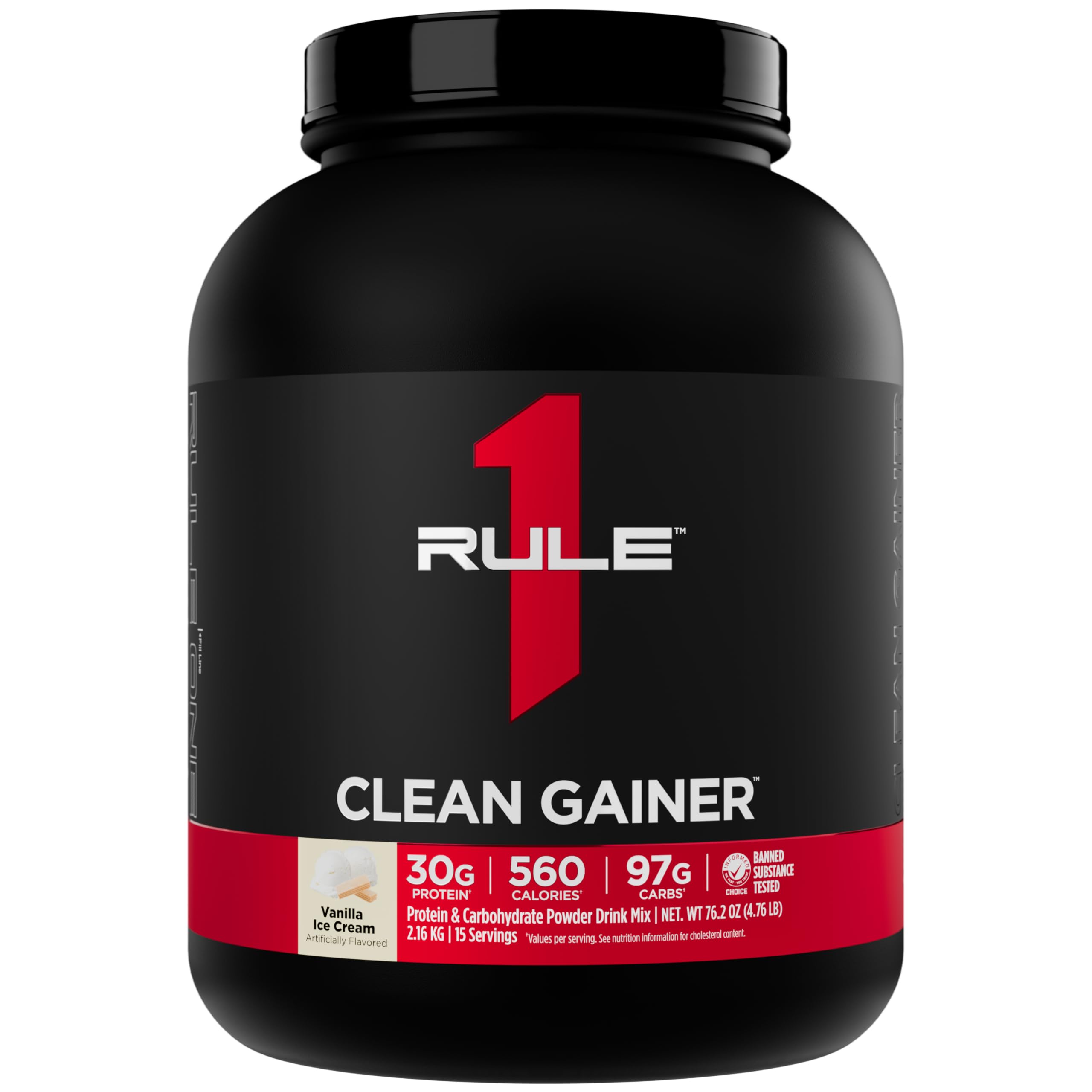 Rule 1 Proteins envase frontal Clean Gainer Vainilla con etiqueta visible y ventajas claras