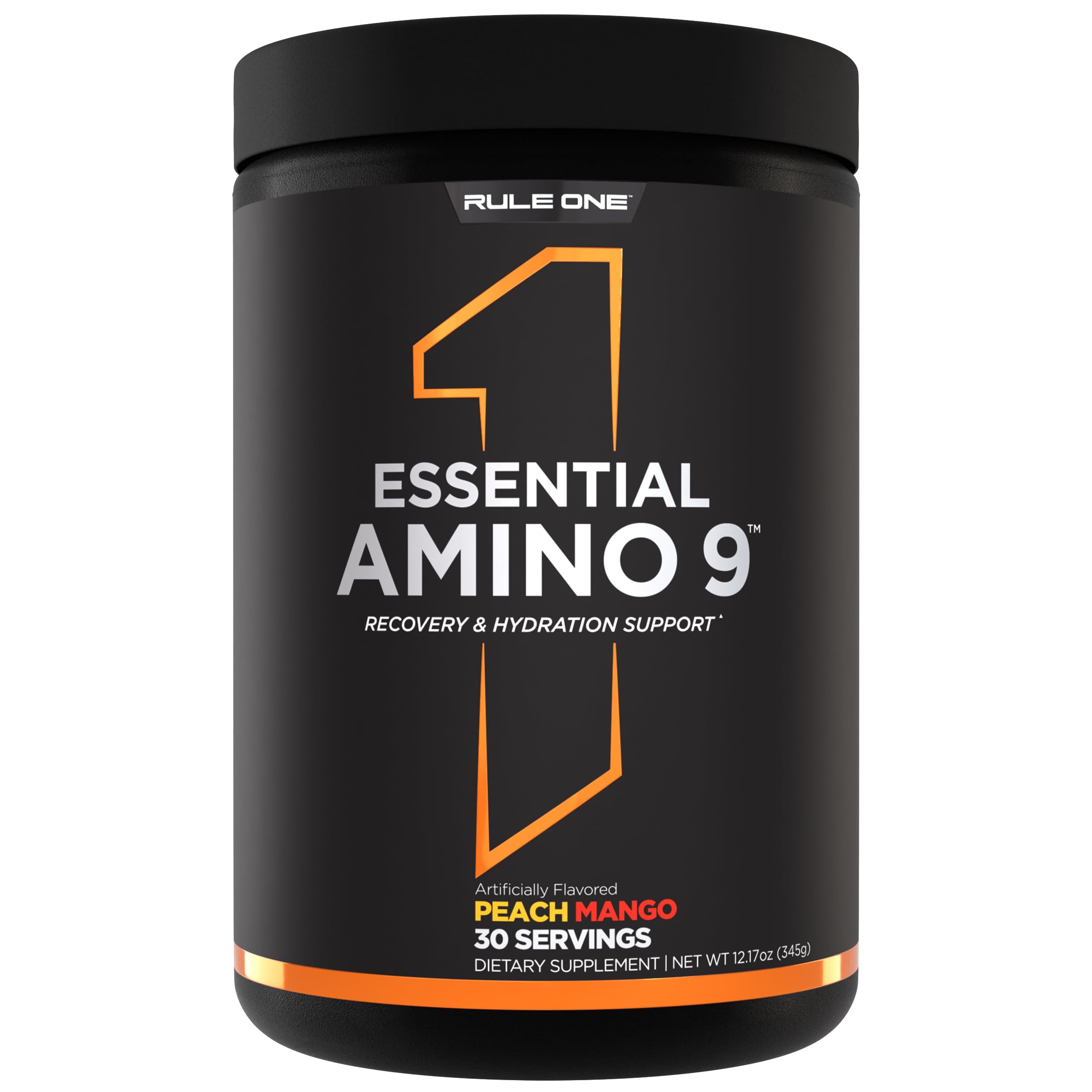 Rule 1 Proteins vista frontal del envase mostrando sabor Peach Mango y beneficios