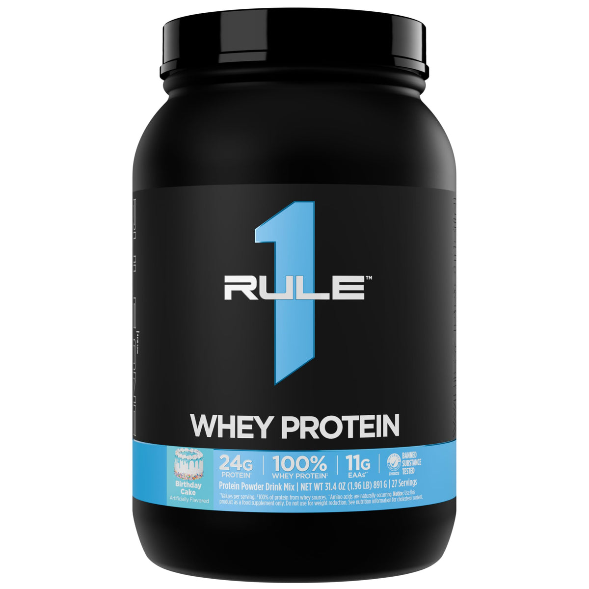 Rule 1 Proteins bote frontal mostrando diseño y cantidad para conveniencia