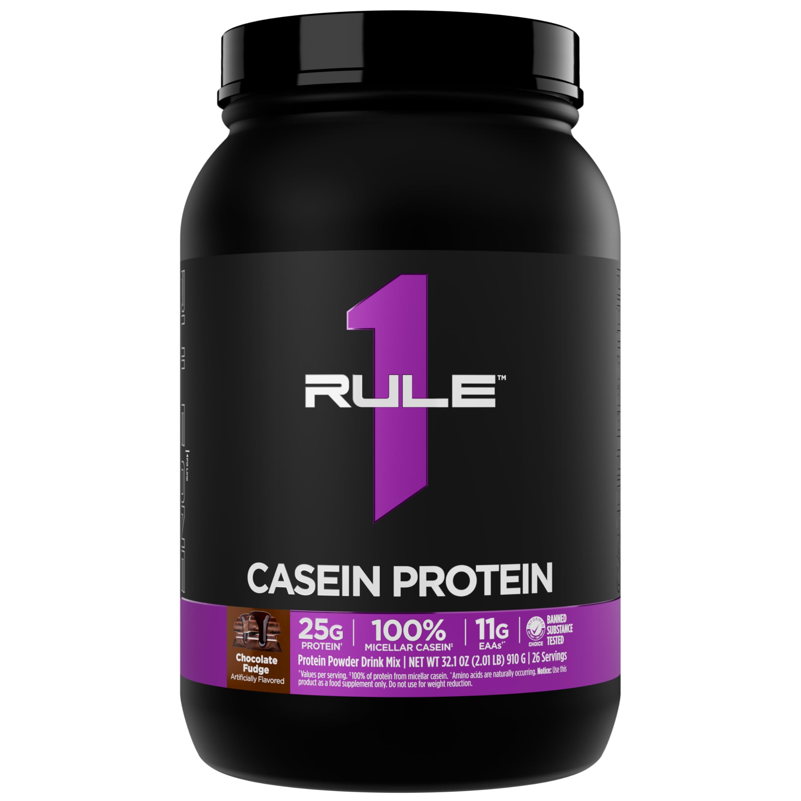 Rule 1 Proteins envase frontal Chocolate Fudge mostrando raciones y beneficio proteico