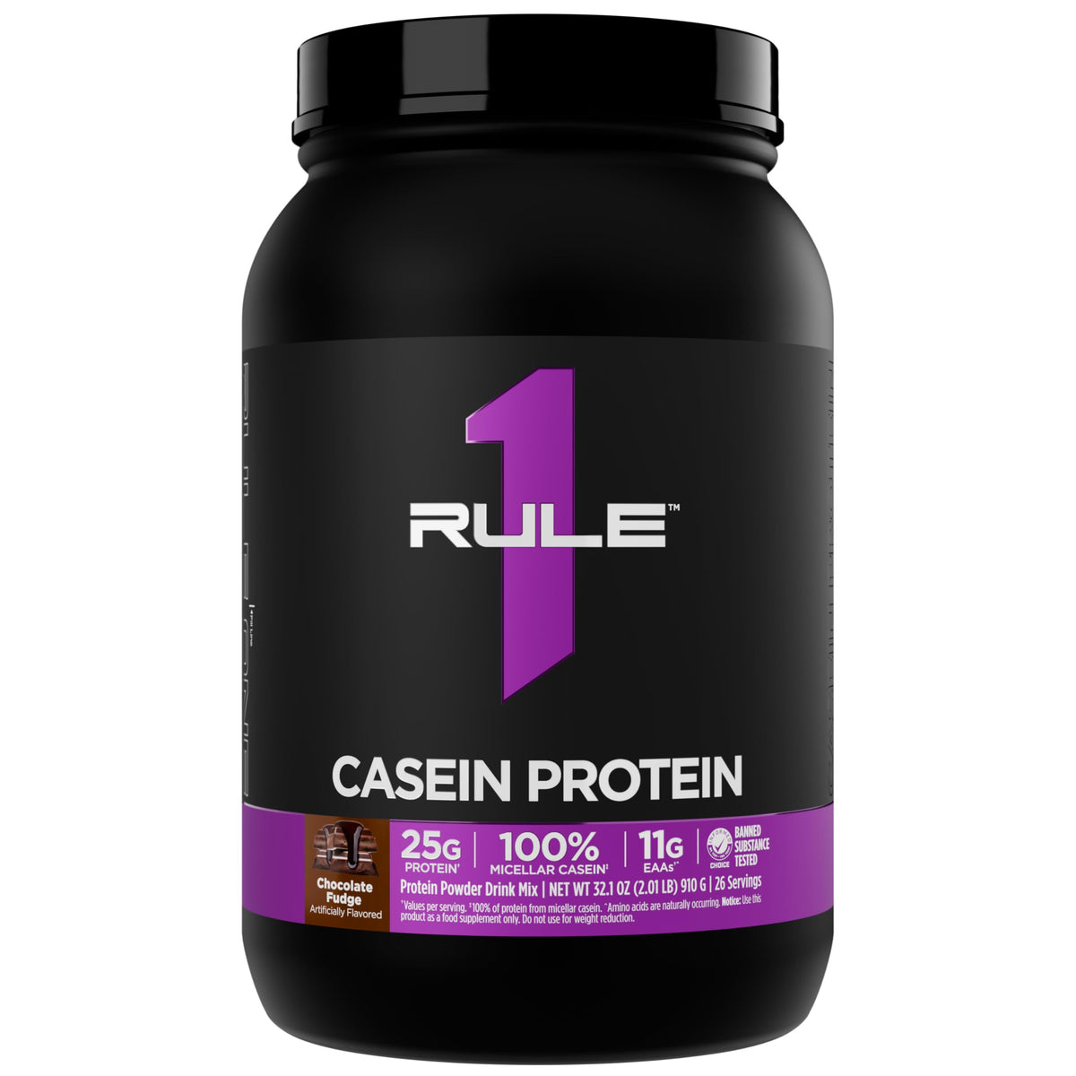 Rule 1 Proteins envase frontal Chocolate Fudge mostrando raciones y beneficio proteico