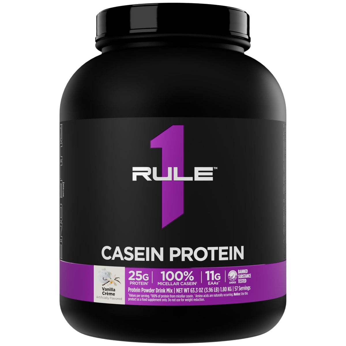 Rule 1 Proteins envase frontal Vainilla Crème mostrando porciones y etiqueta