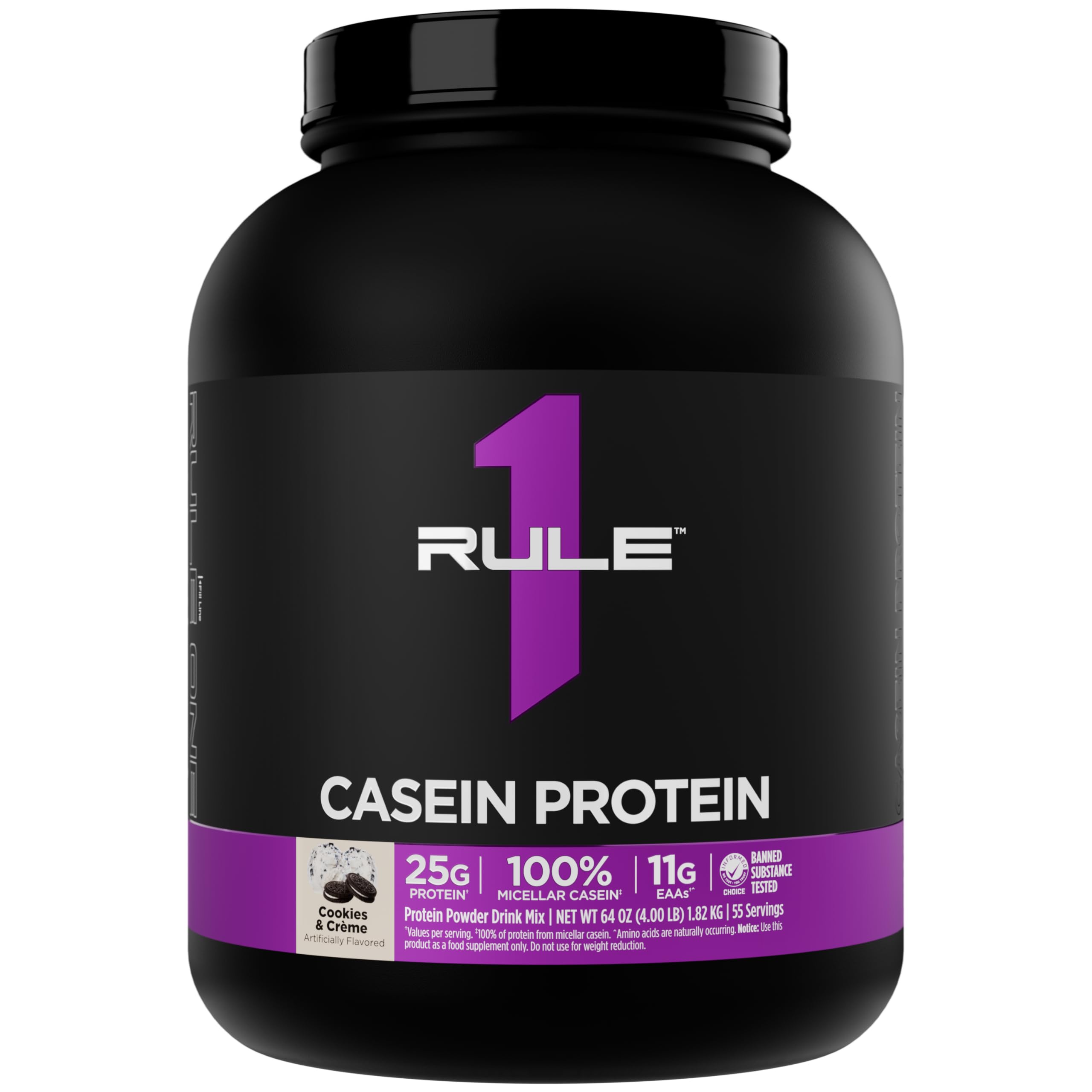 Rule 1 Proteins envase frontal Cookies & Crème muestra cantidad y porciones