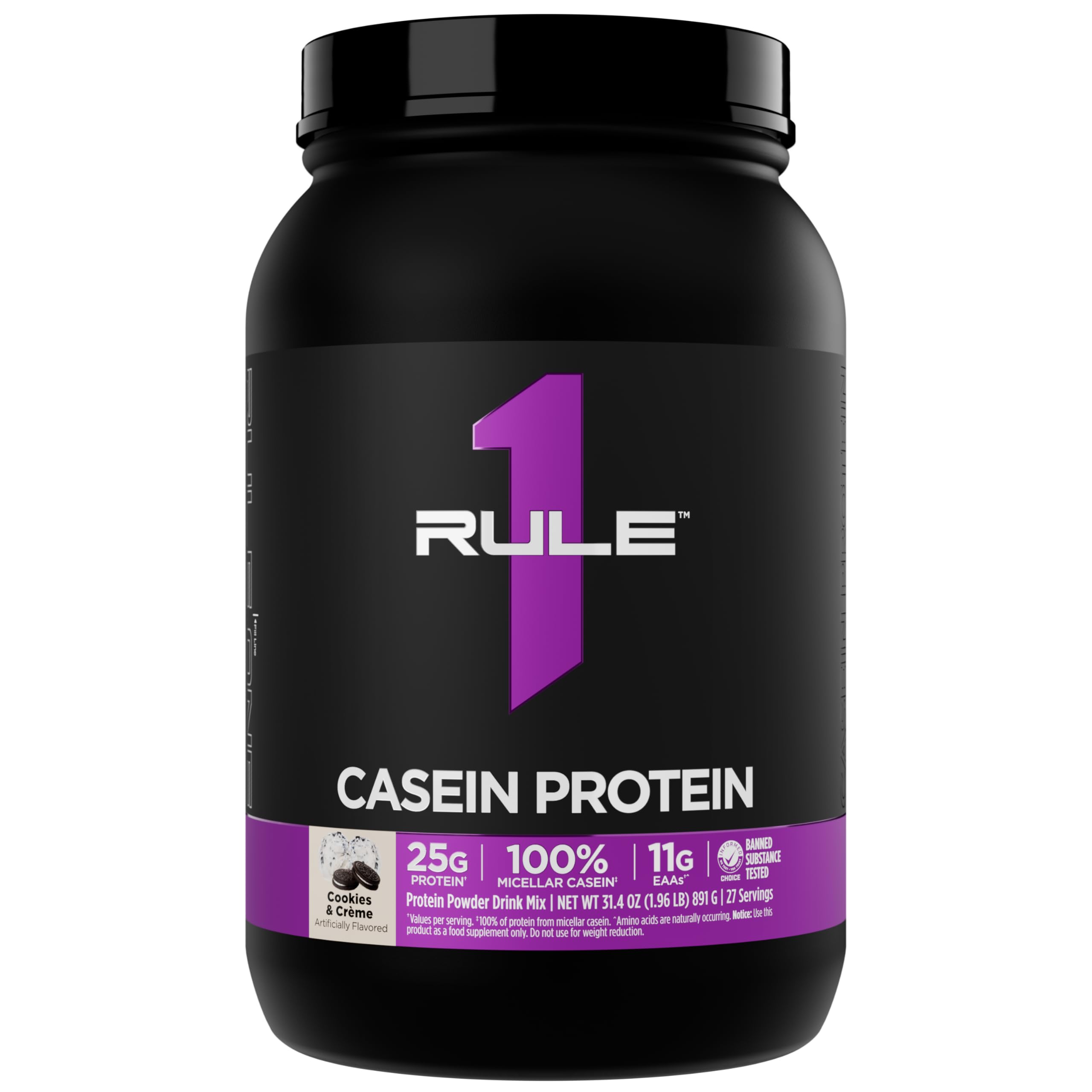 Rule 1 Proteins bote frontal con sabor Cookies & Crème mostrando etiqueta clara y beneficios