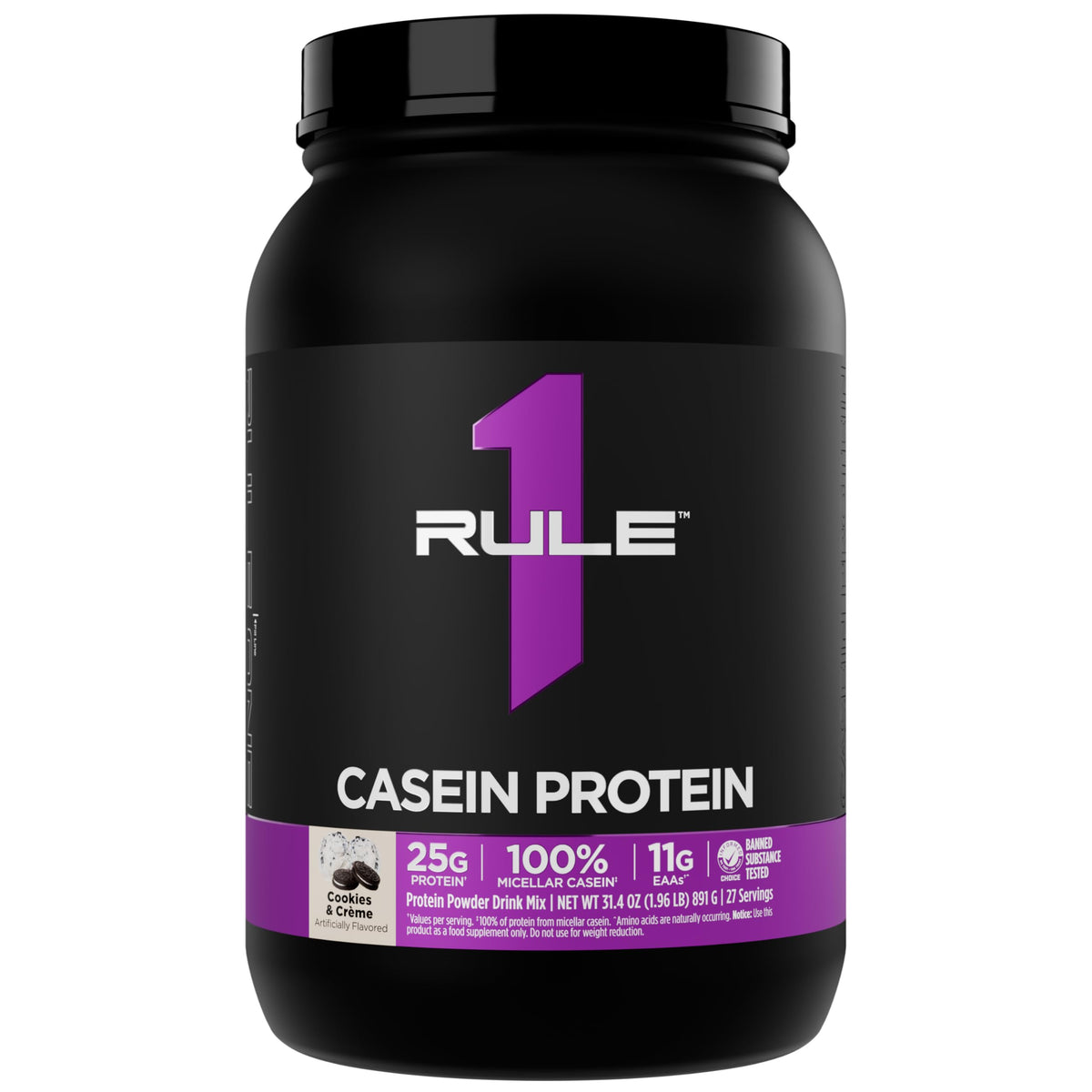 Rule 1 Proteins bote frontal con sabor Cookies & Crème mostrando etiqueta clara y beneficios