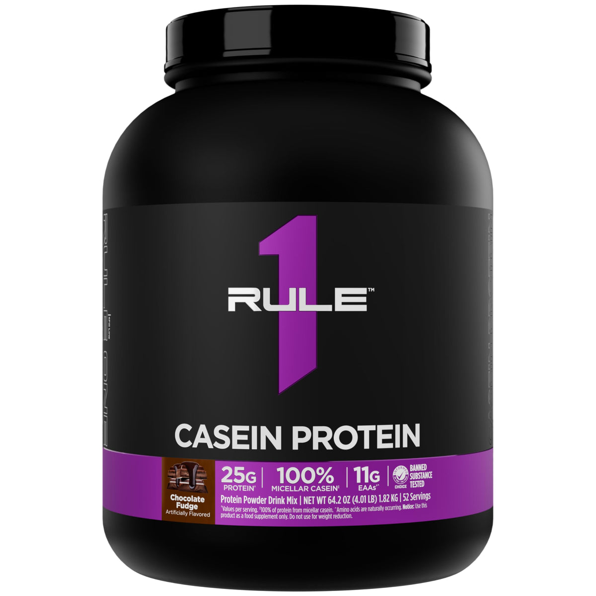 Rule 1 Proteins envase frontal Chocolate Fudge mostrando 52 porciones y beneficio de proteína sostenida