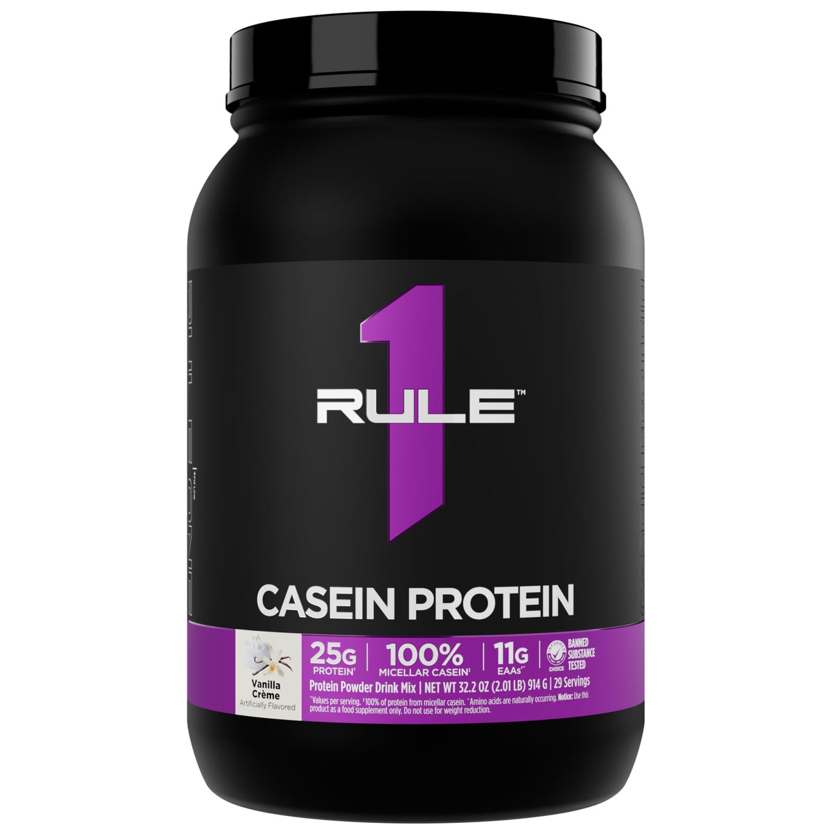 Rule 1 Proteins frasco frontal Vainilla Crème mostrando tamaño y diseño