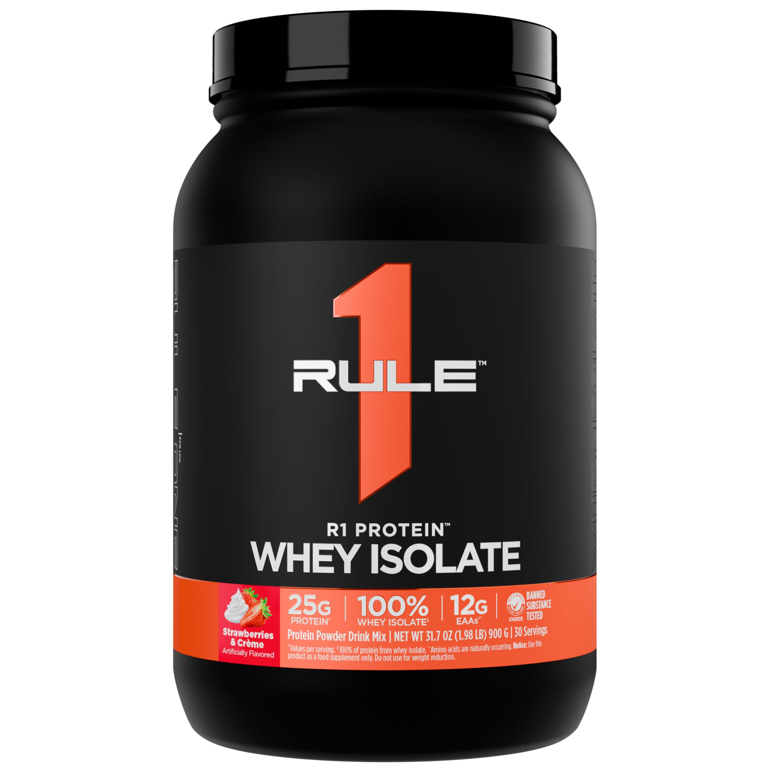 Rule 1 Proteins envase frontal Fresas & Crème mostrando marca y porciones