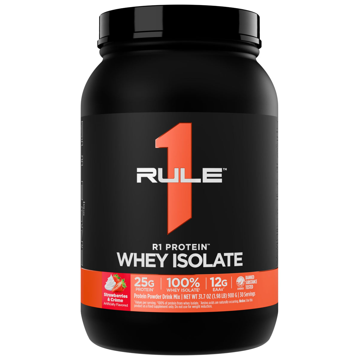 Rule 1 Proteins envase frontal Fresas & Crème mostrando marca y porciones