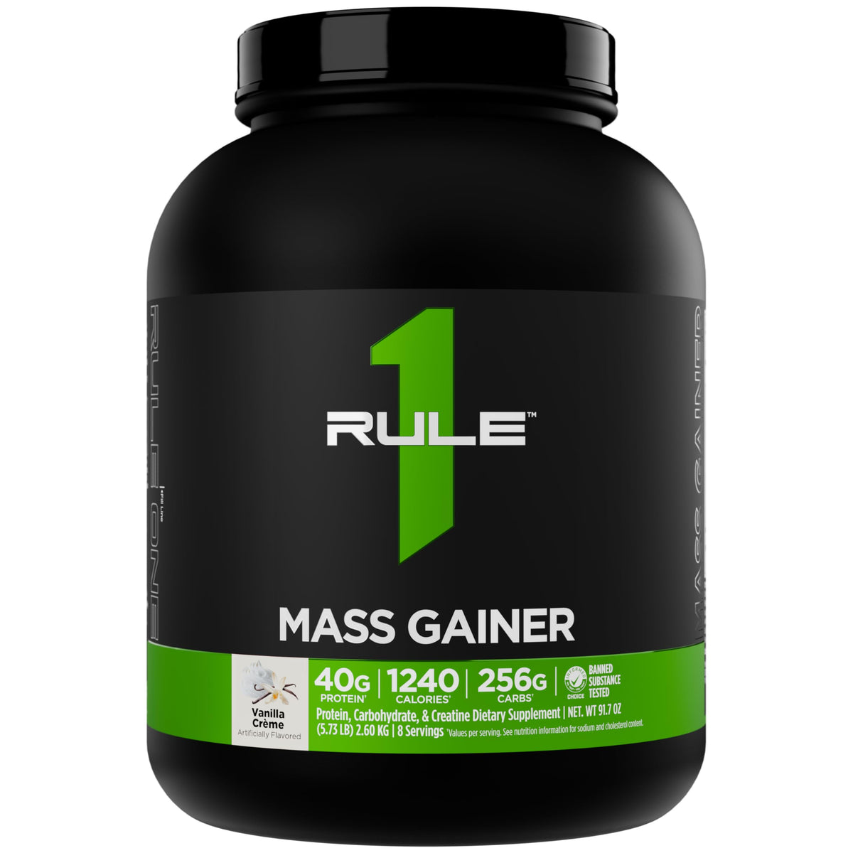 Rule 1 Proteins bote frontal de Mass Gainer Vainilla Crème mostrando formato y presentación
