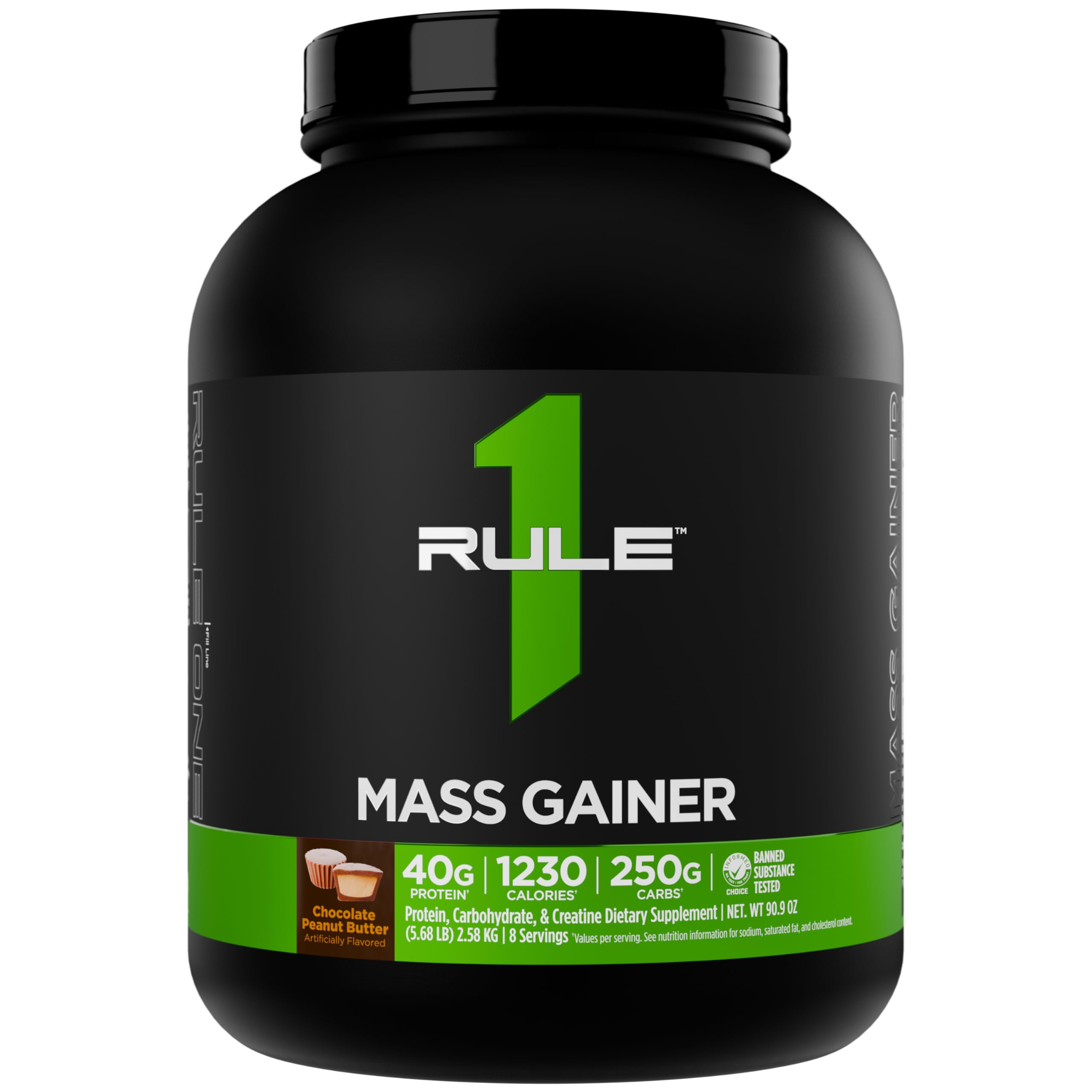 Rule 1 Proteins bote frontal del Mass Gainer mostrando la etiqueta y beneficios claros