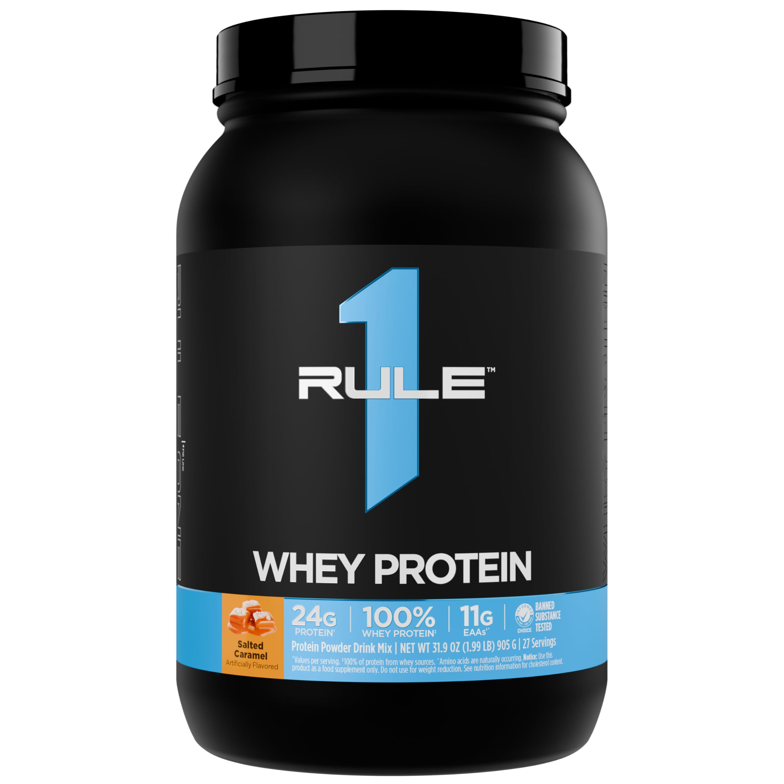 Rule 1 Proteins frontal del envase mostrando sabor Salted Caramel y beneficios