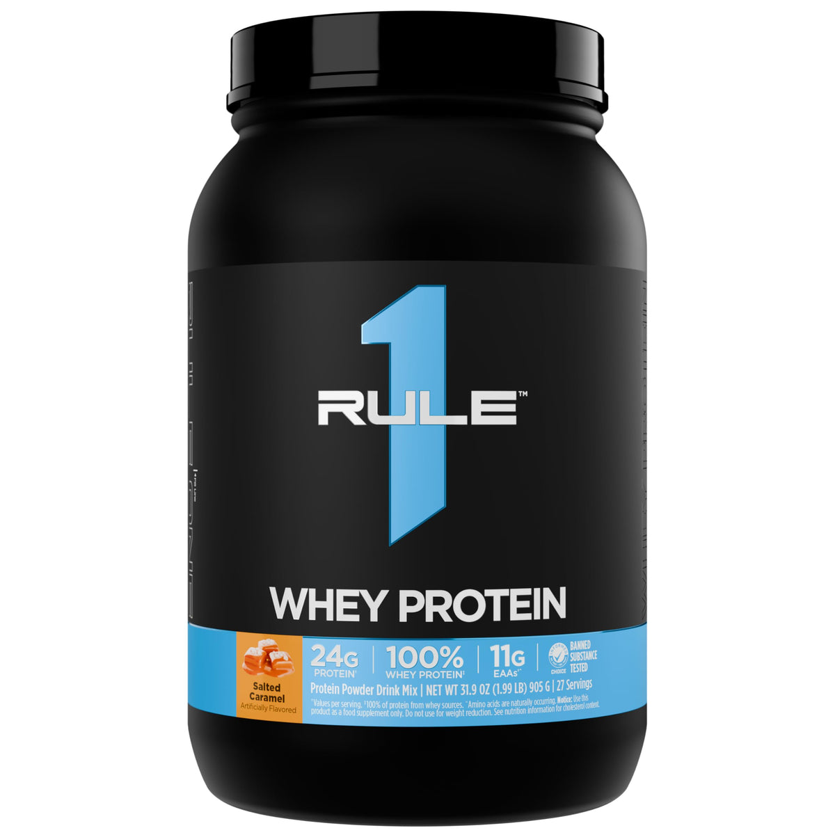 Rule 1 Proteins frontal del envase mostrando sabor Salted Caramel y beneficios