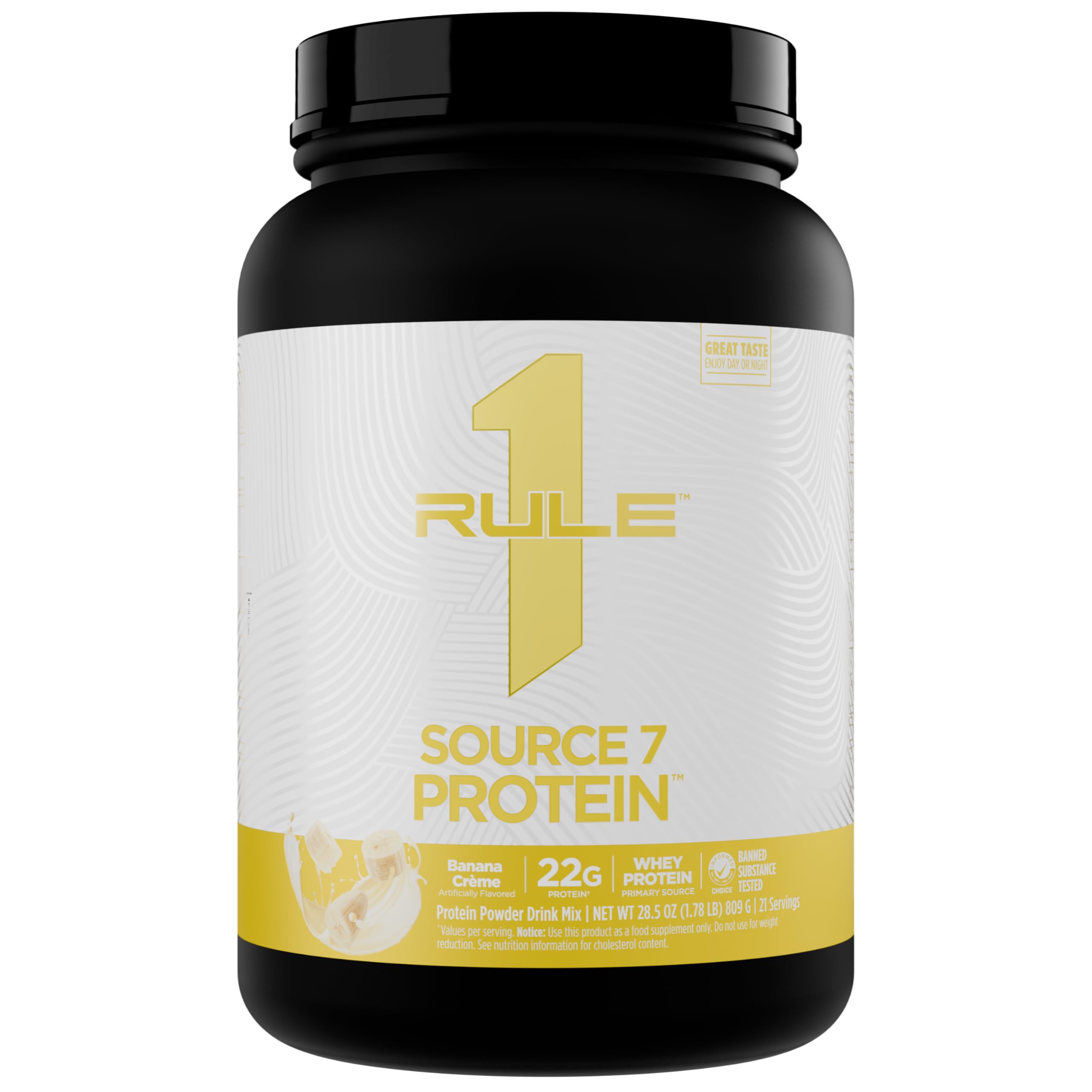 Rule 1 Proteins frontal del envase mostrando sabor Banana Cream y beneficio conveniencia