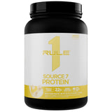 Rule 1 Proteins frontal del envase mostrando sabor Banana Cream y beneficio conveniencia