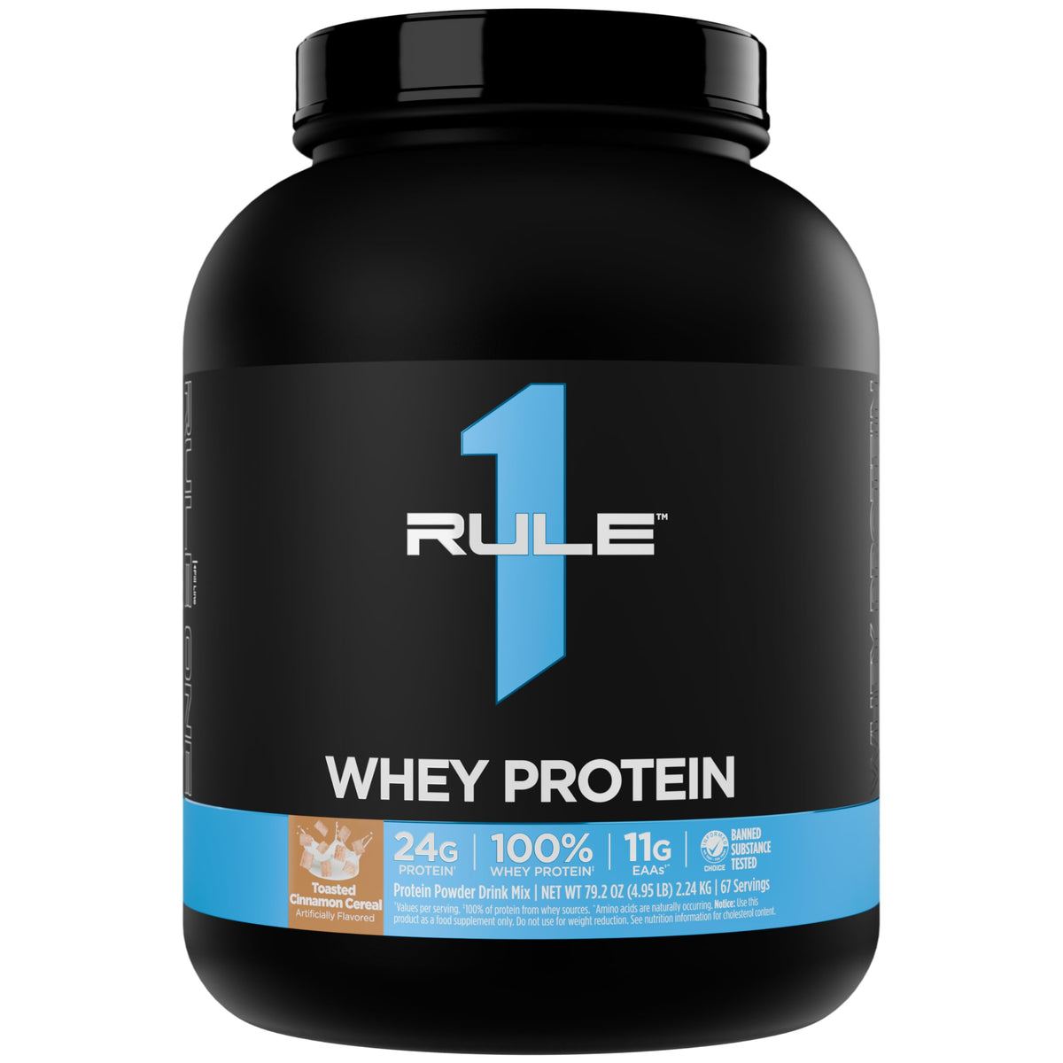 Rule 1 Proteins envase frontal mostrando el sabor y tamaño, ideal para elegir