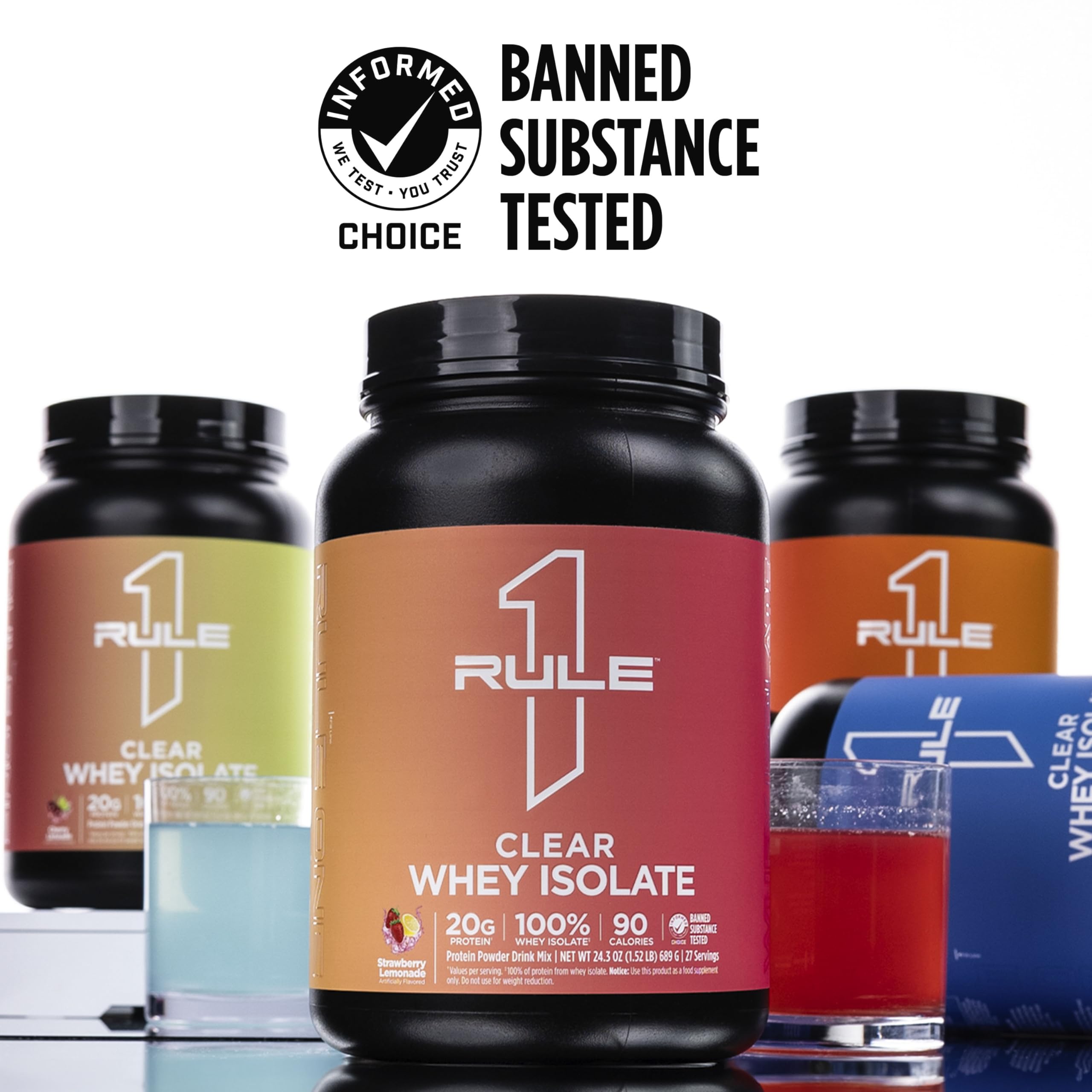 Rule 1 Proteins etiqueta nutricional destacando 20 g proteína y 90 calorías