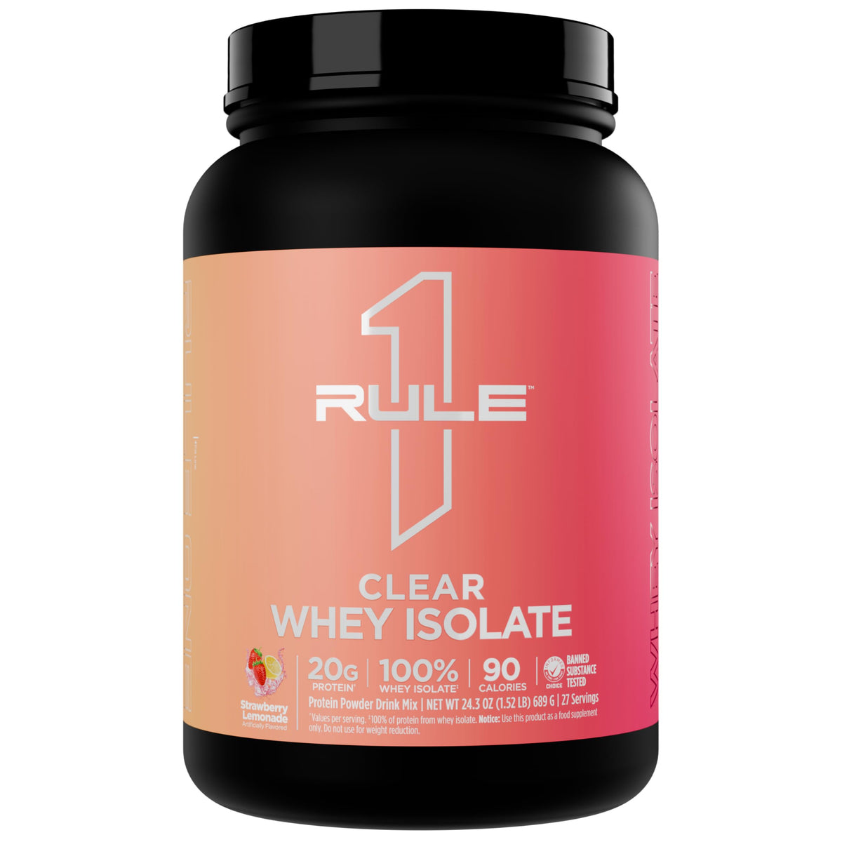 Rule 1 Proteins bote frontal del producto mostrando sabor Strawberry Lemonade y limpieza