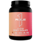 Rule 1 Proteins bote frontal del producto mostrando sabor Strawberry Lemonade y limpieza