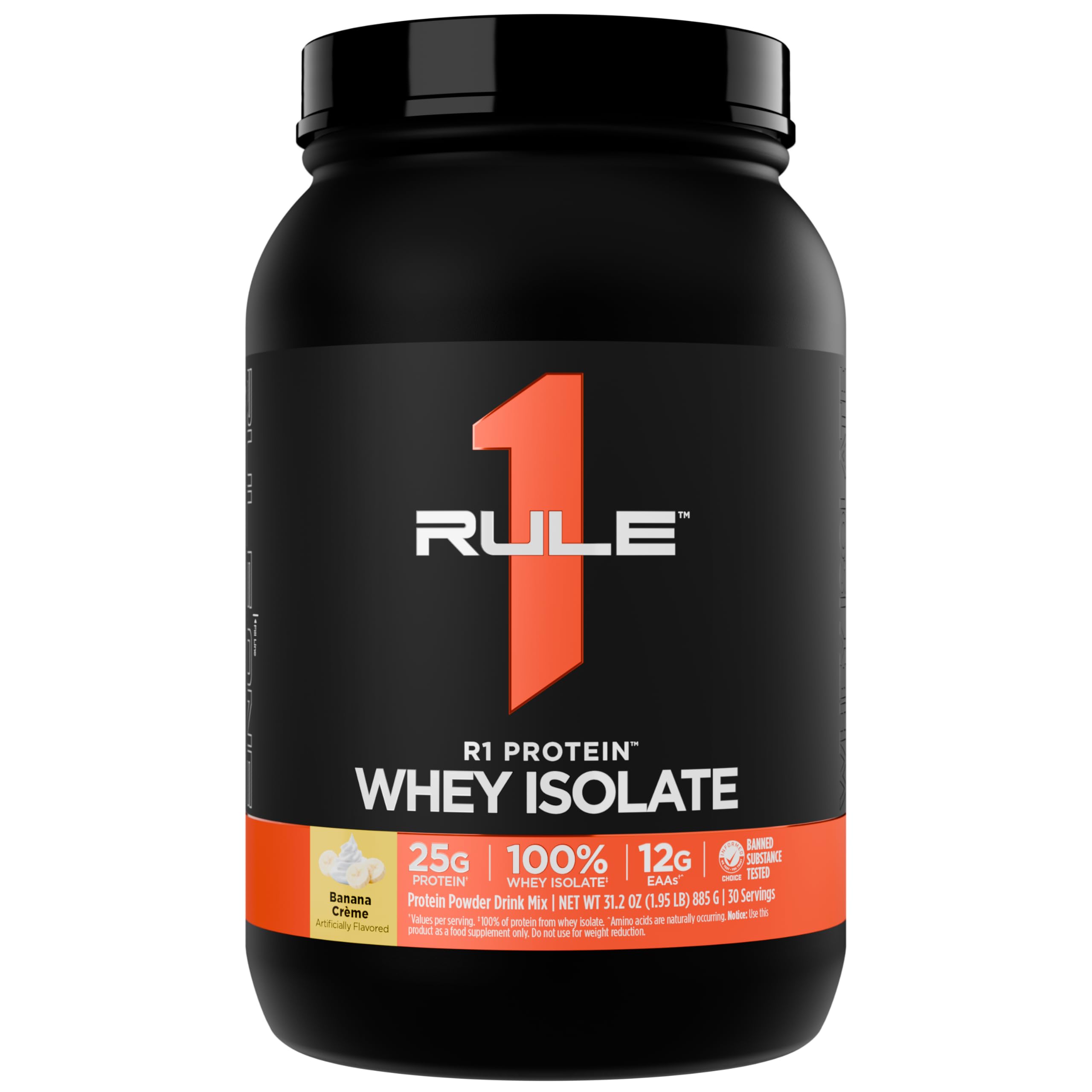 Rule 1 Proteins envase frontal Banana Creme mostrando el diseño y beneficio de proteína pura