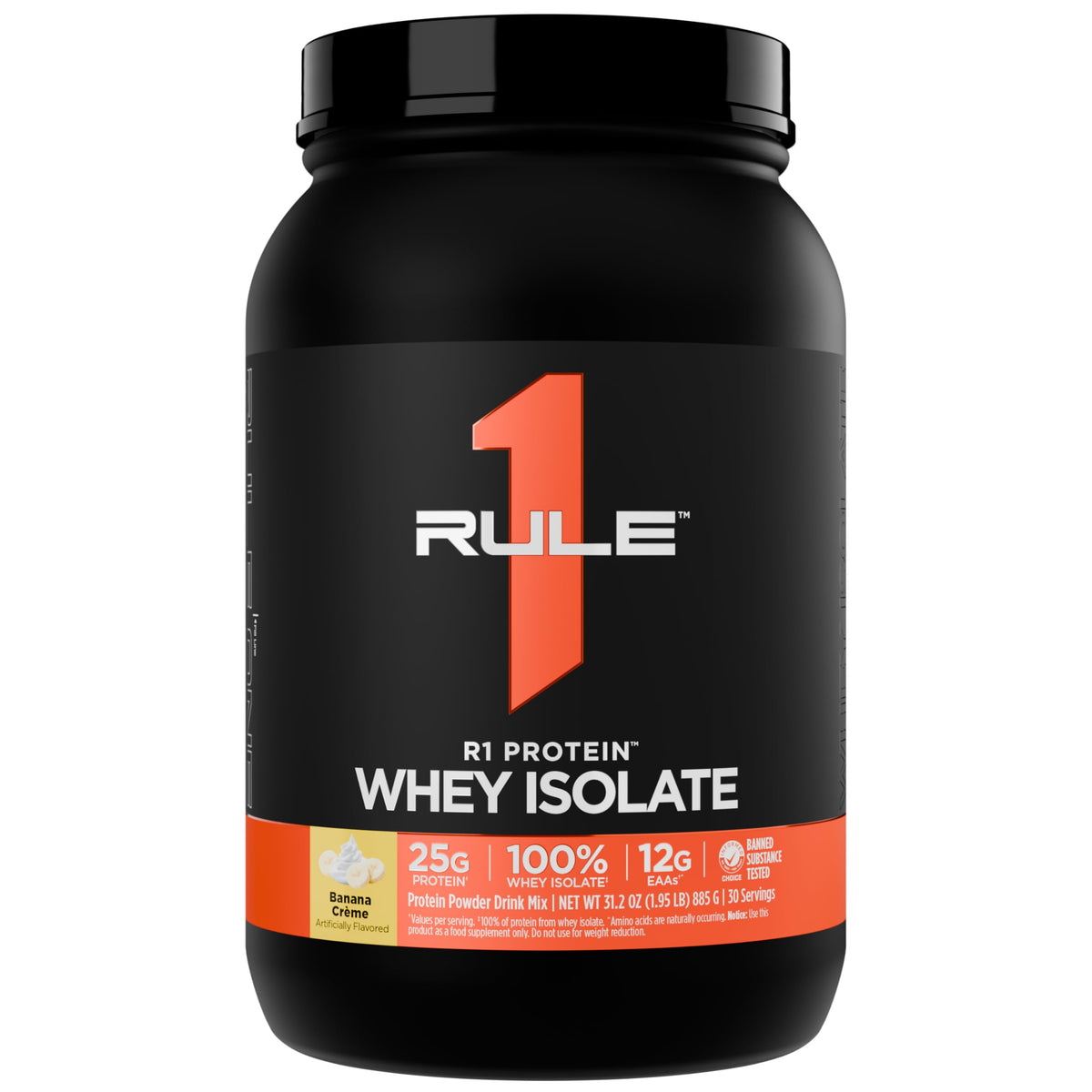Rule 1 Proteins envase frontal Banana Creme mostrando el diseño y beneficio de proteína pura