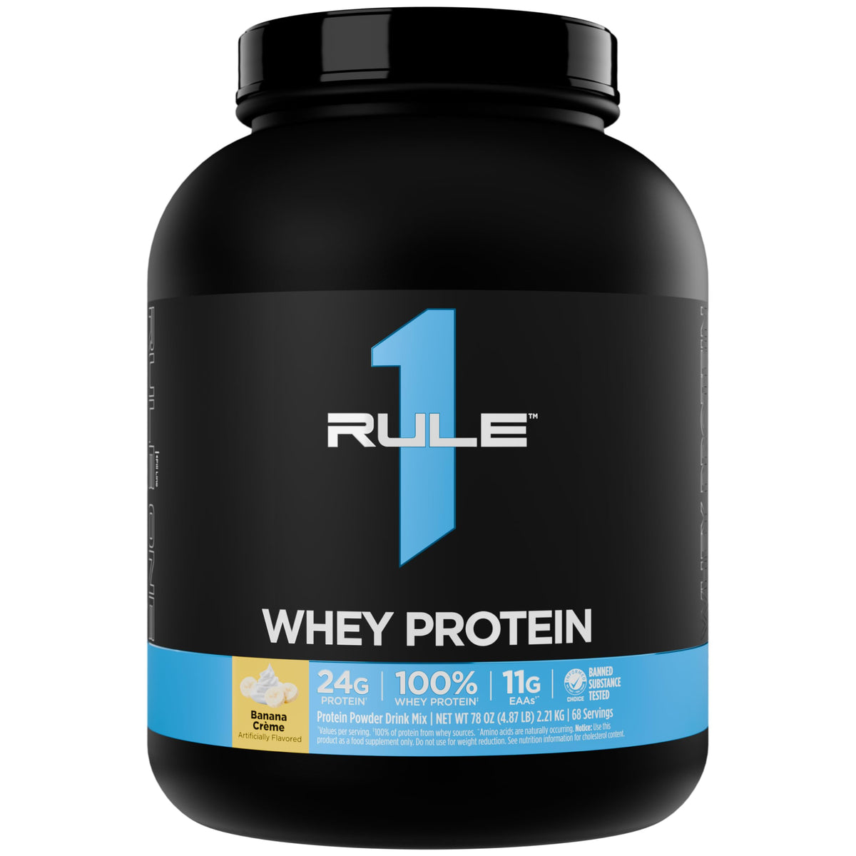 Rule 1 Proteins envase frontal Banana Crème mostrando 68 servicios y 5 lb